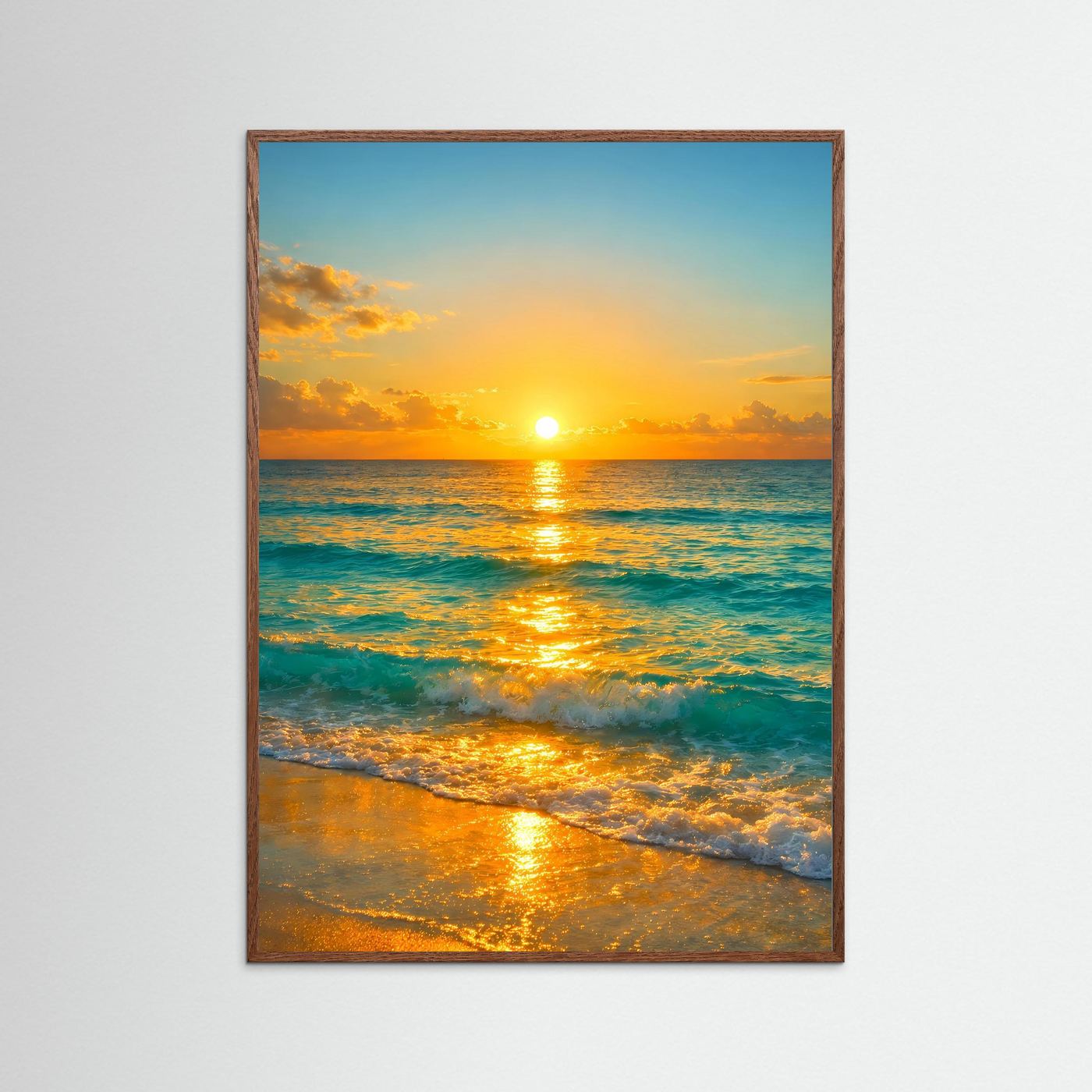 Maritimes Ozean-Poster im Hochformat mit goldenem Sonnenuntergang, brauner Holzrahmen