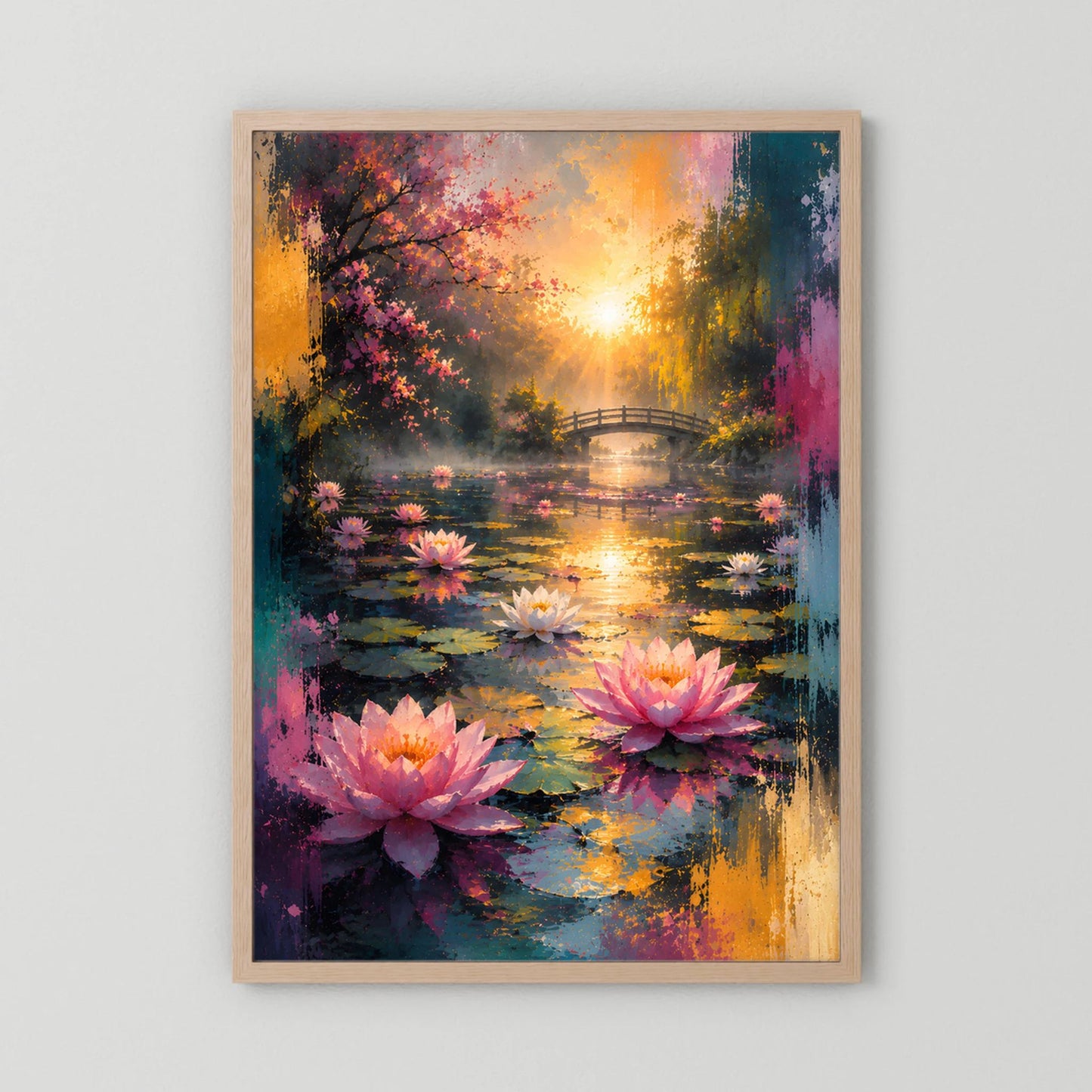 Gerahmtes Poster im Hochformat: bunte Seerosen auf Wasser mit Brücke bei Sonnenlicht.