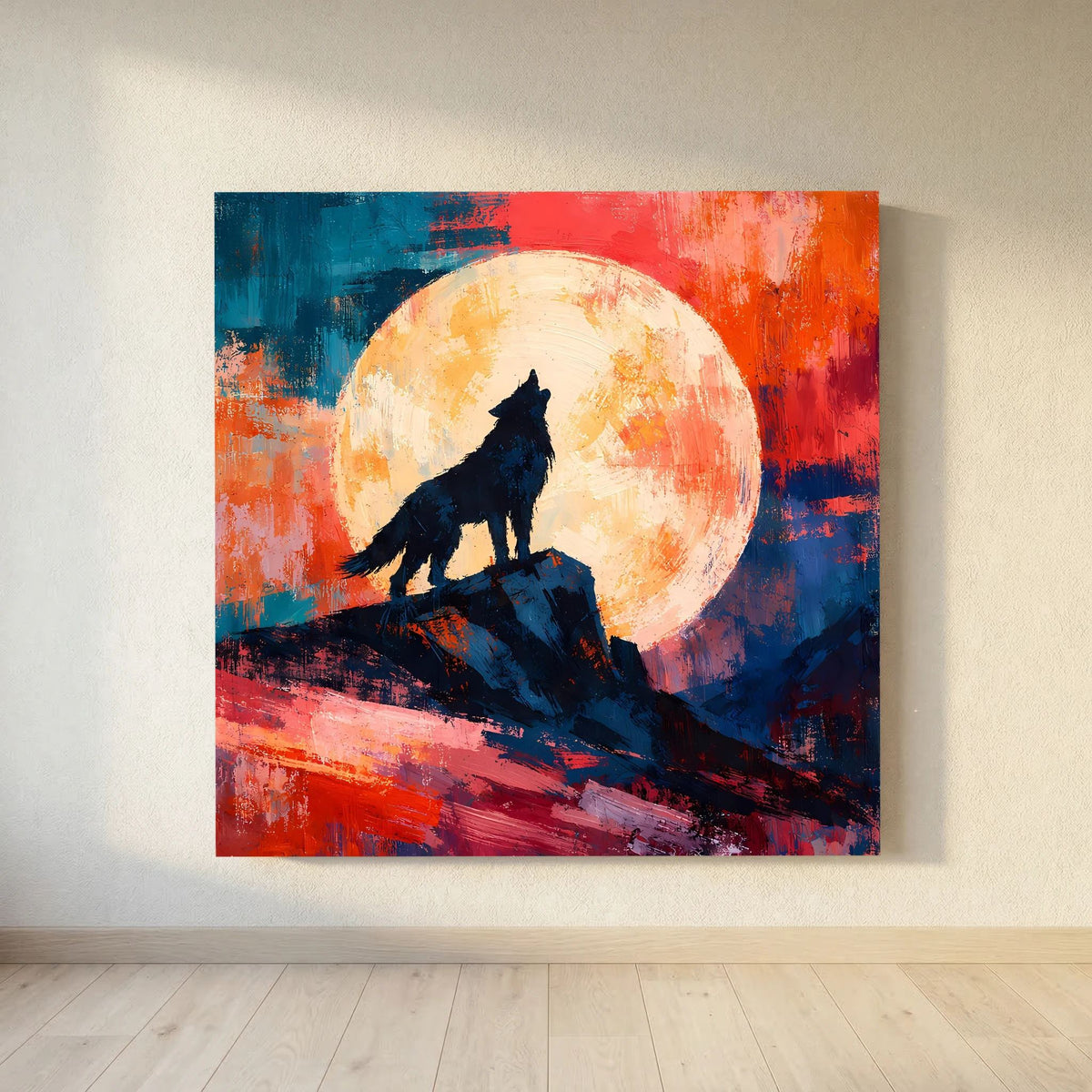 Leinwand Abstraktes Wolf Gemälde | Modernes Mystisches Wandbild Heulender Wolf Vollmond