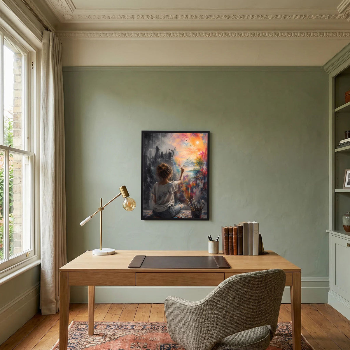 Hochformatposter im schwarzen Rahmen mit sitzender Frau, die farbige Stadt-und-Natur-Szene malt