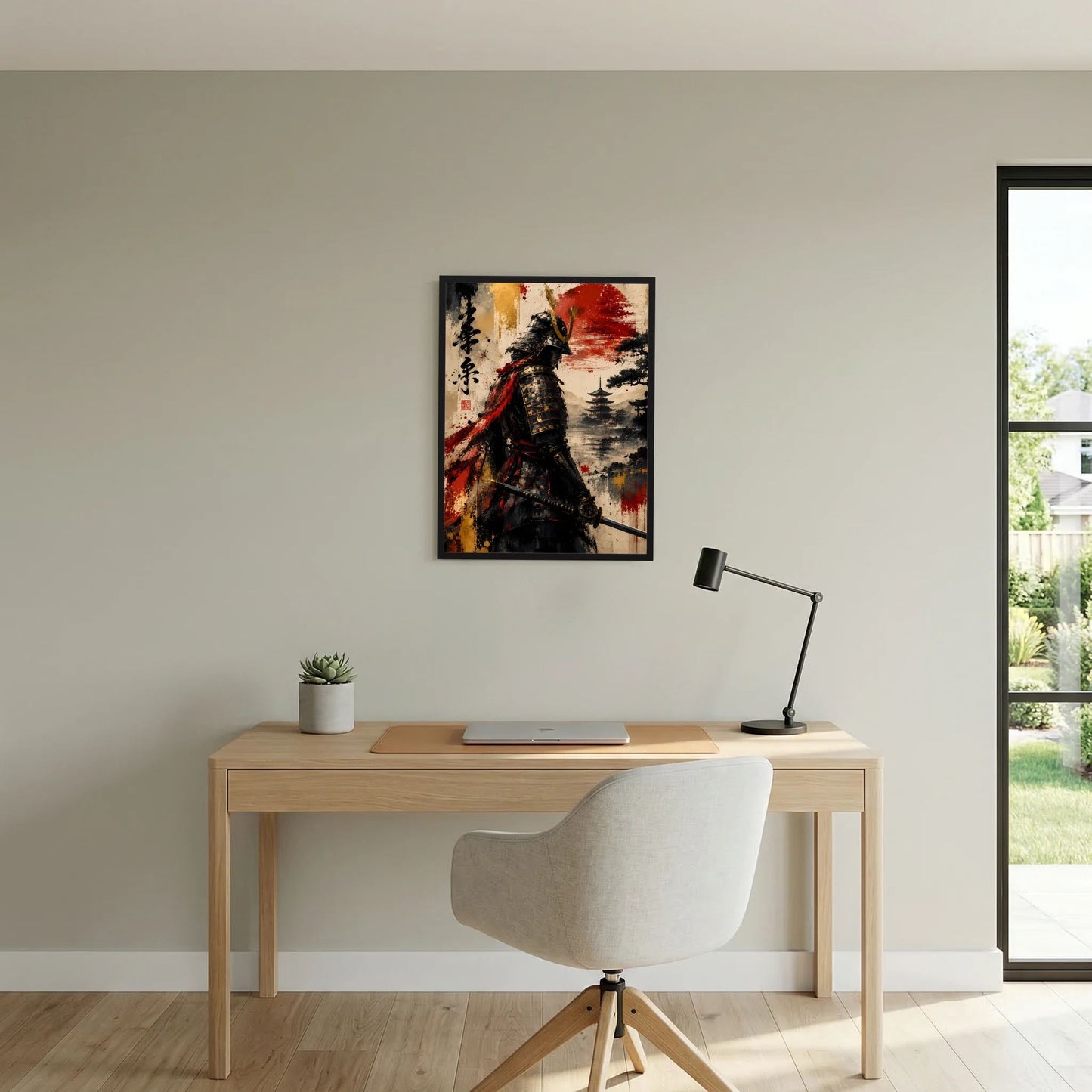 Quadratisches Poster im schwarzen Rahmen: Samurai in Schwarz mit roter Sonne und Baumlandschaft.