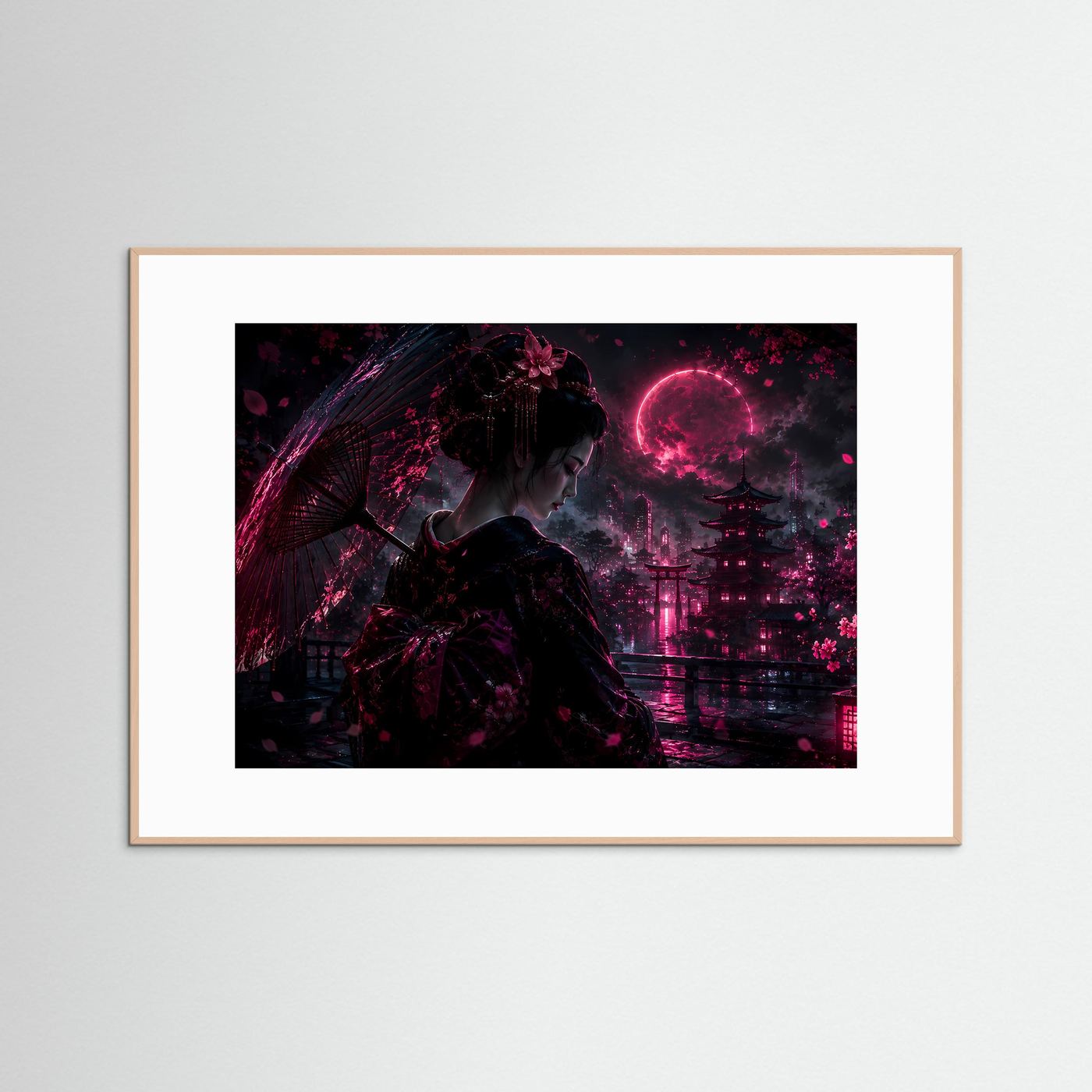 Geisha bei Nacht in Neon Pink | Japanische Cyberpunk Kunst mit Mond & Pagode