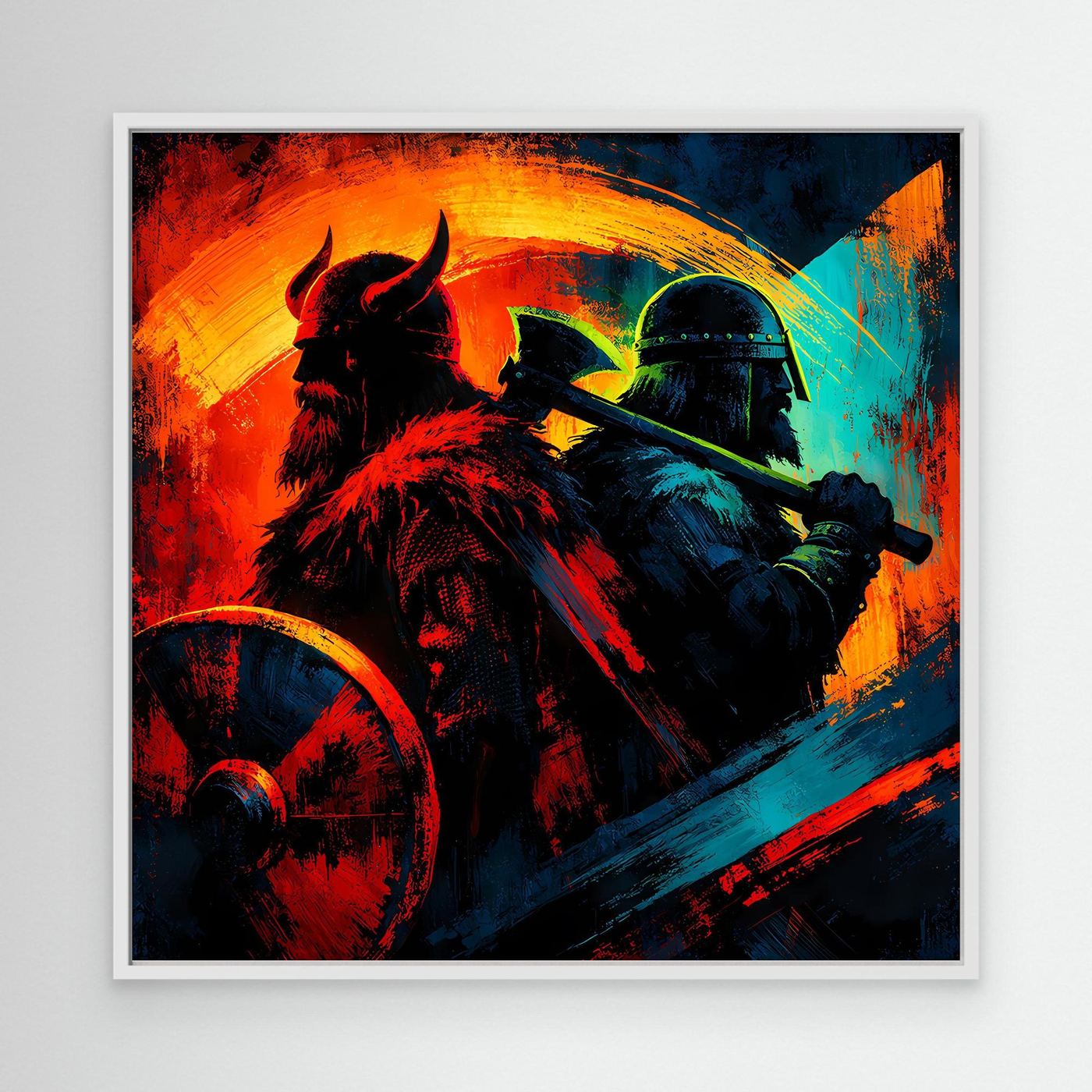 Leinwand-Wandbild im weißen Rahmen mit Wikingerkrieger, Helm und Axt, farbige, kräftige Grafik