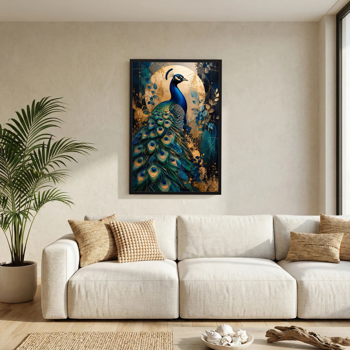 Hochformatiges Pfauenposter in Blau und Gold mit schwarzem Rahmen