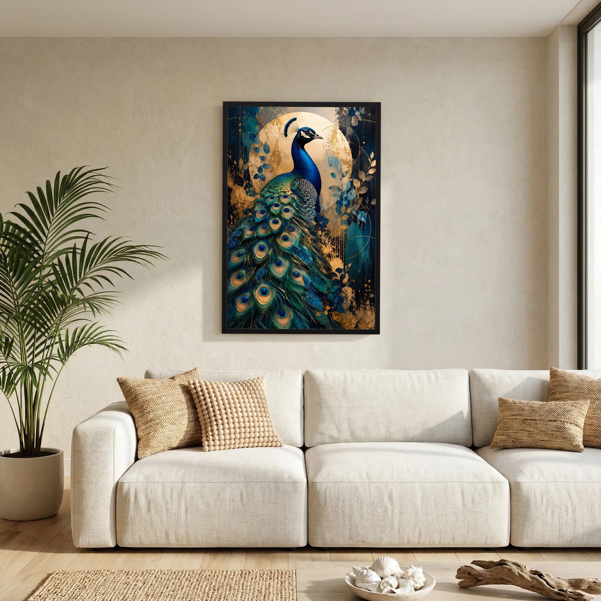 Hochformatiges Pfauenposter in Blau und Gold mit schwarzem Rahmen