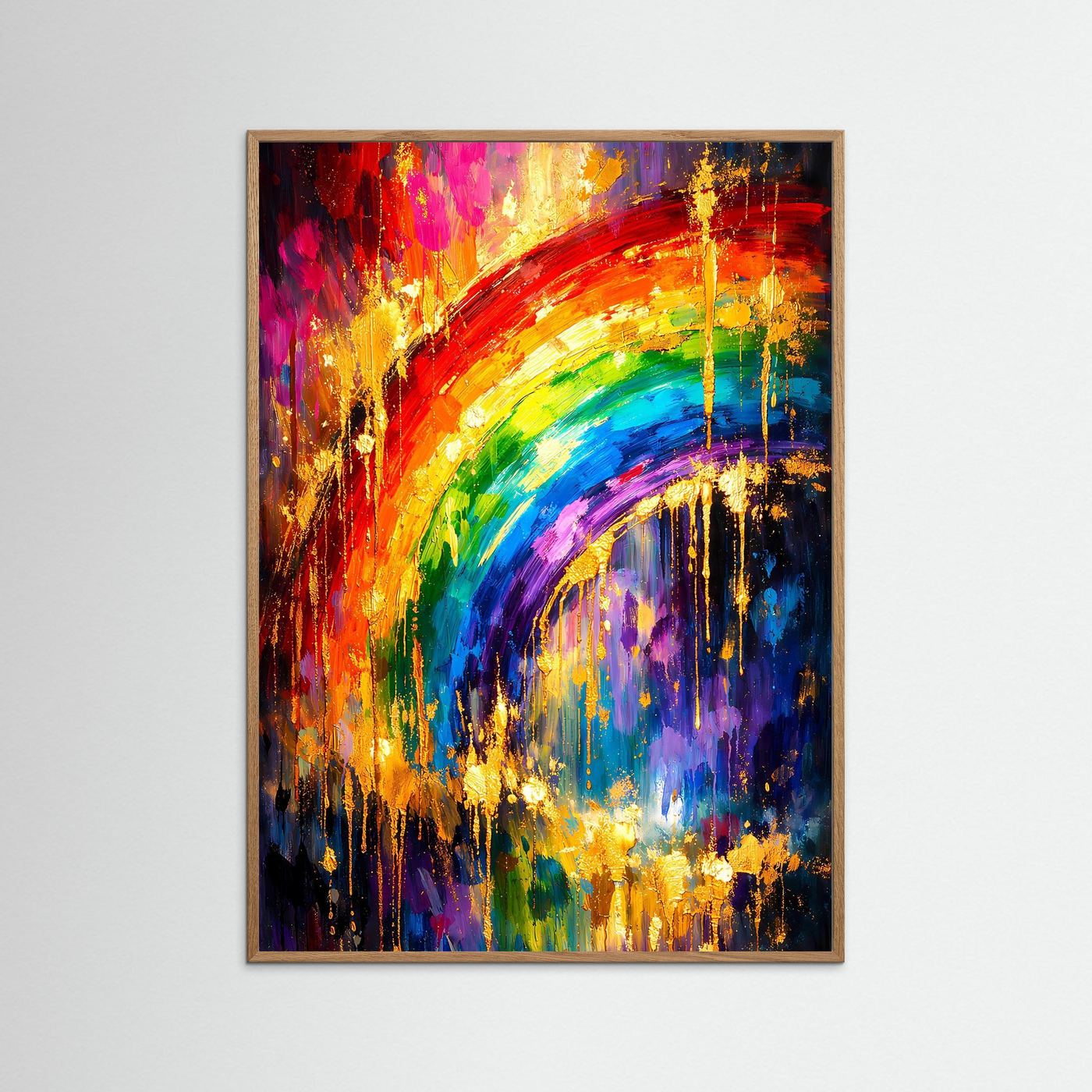 Abstraktes Regenbogenkunstposter mit dunklem Holzrahmen, bunte Spritzer und goldene Linien
