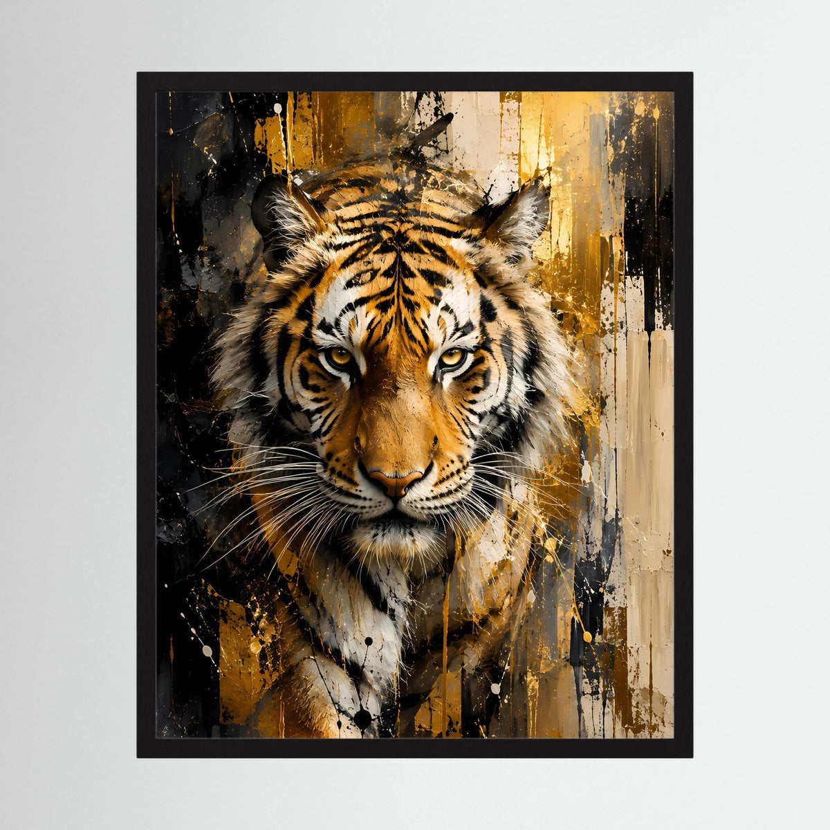 Kunstposter im schwarzen Rahmen, Hochformat: Tigerkopf in Gold- und Schwarztönen