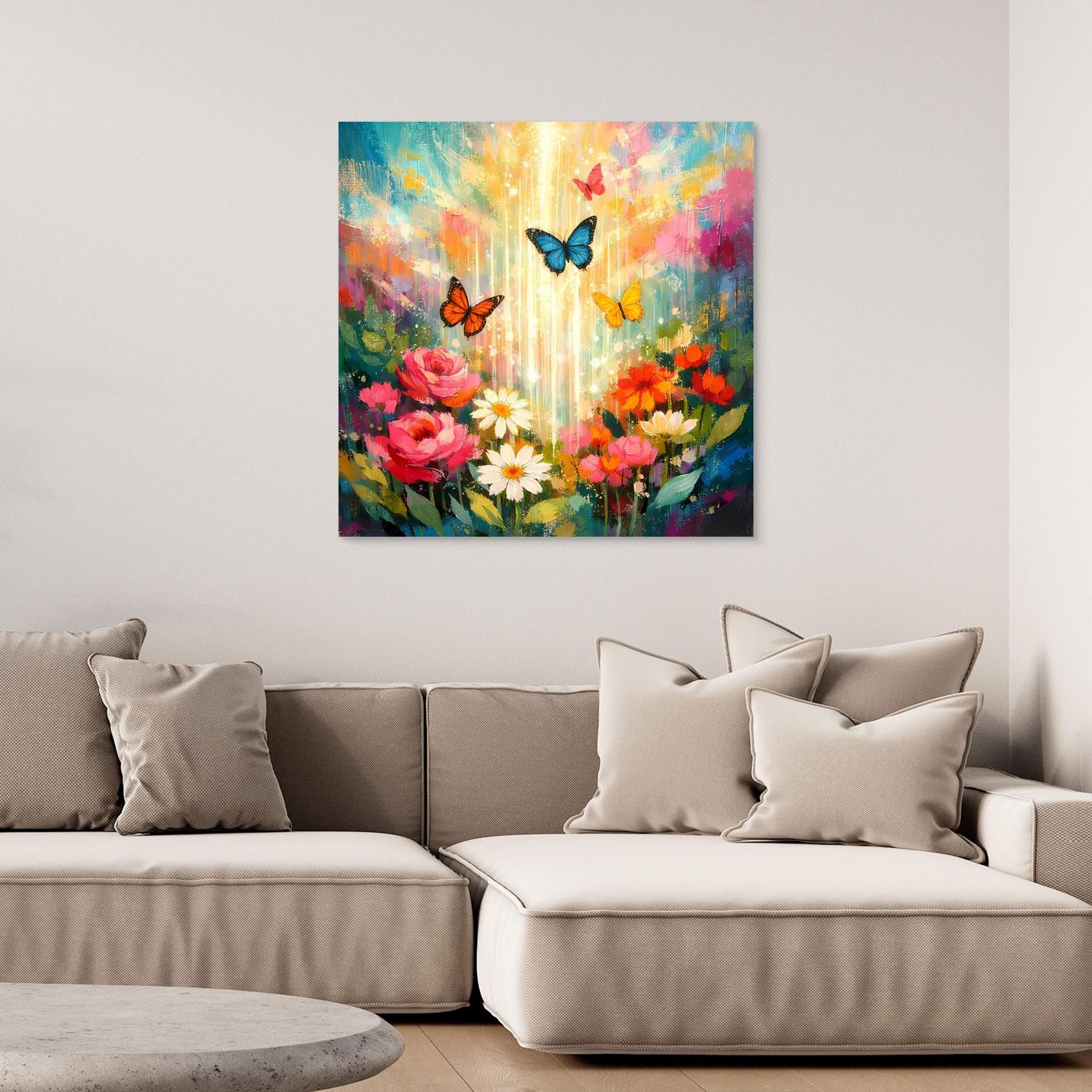 Wandbild Leinwand mit bunten Blumen und Schmetterlingen, abstraktes Motiv