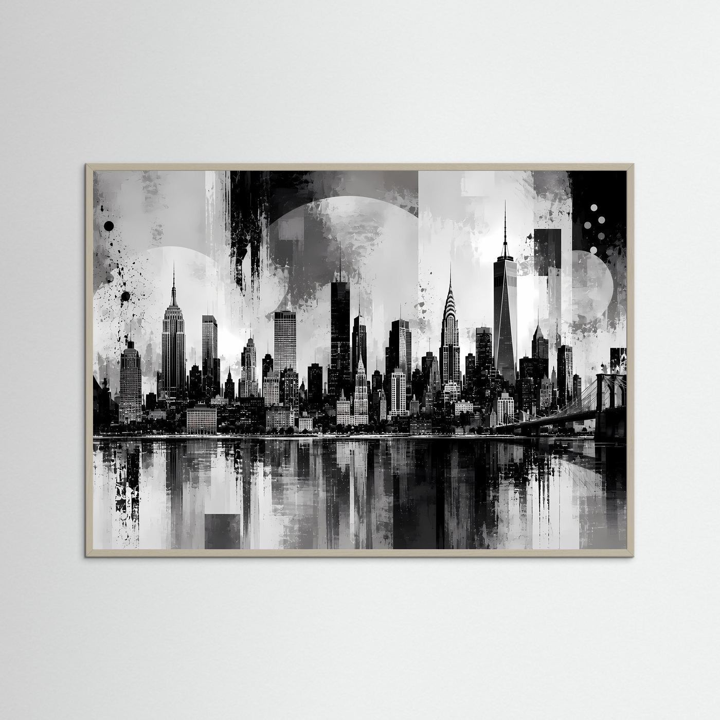 Gerahmter Kunstdruck Manhattan-Skyline in Schwarzweiß, grauer Holzrahmen