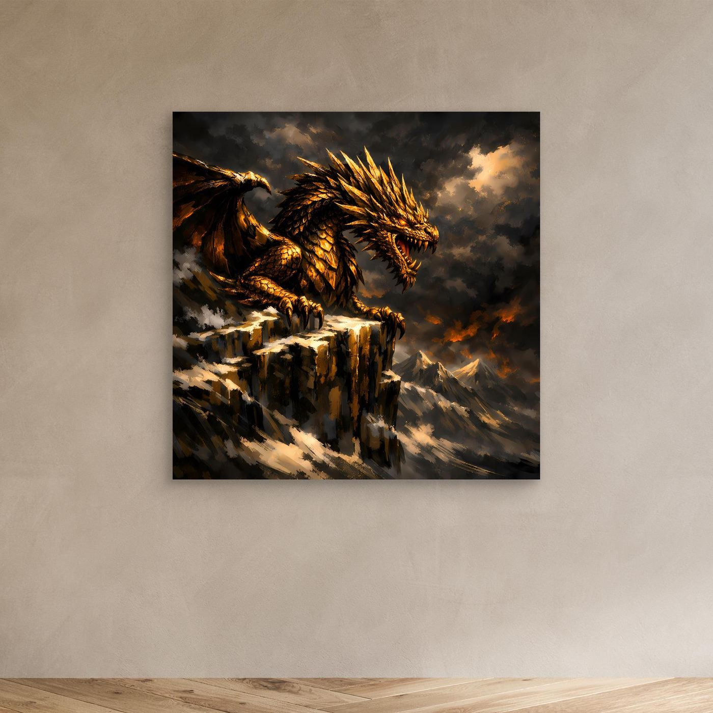 Leinwand Goldener Drache auf Felsgipfel | Episches Fantasy-Wandbild auf Keilrahmen
