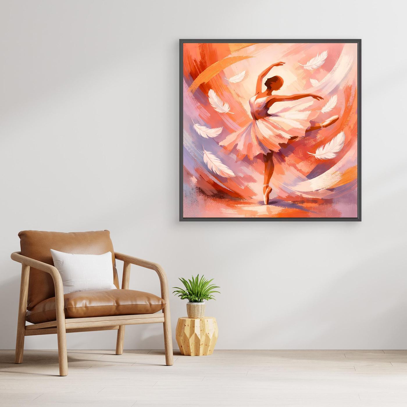Abstraktes Leinwandbild mit Ballerina in warmen Orange- und Rosatönen, dunkler Rahmen
