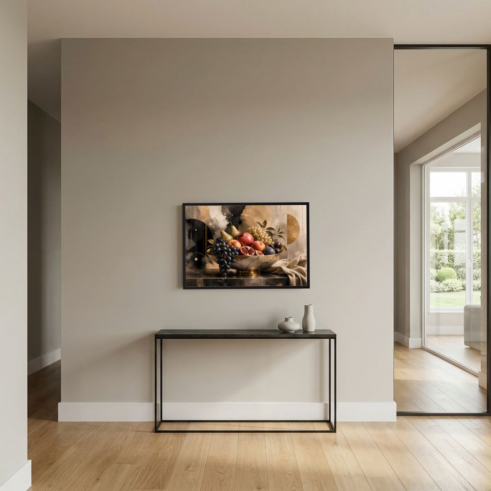 Gerahmtes Querformat-Poster mit Obstschale aus Granatapfel und Trauben, schwarz