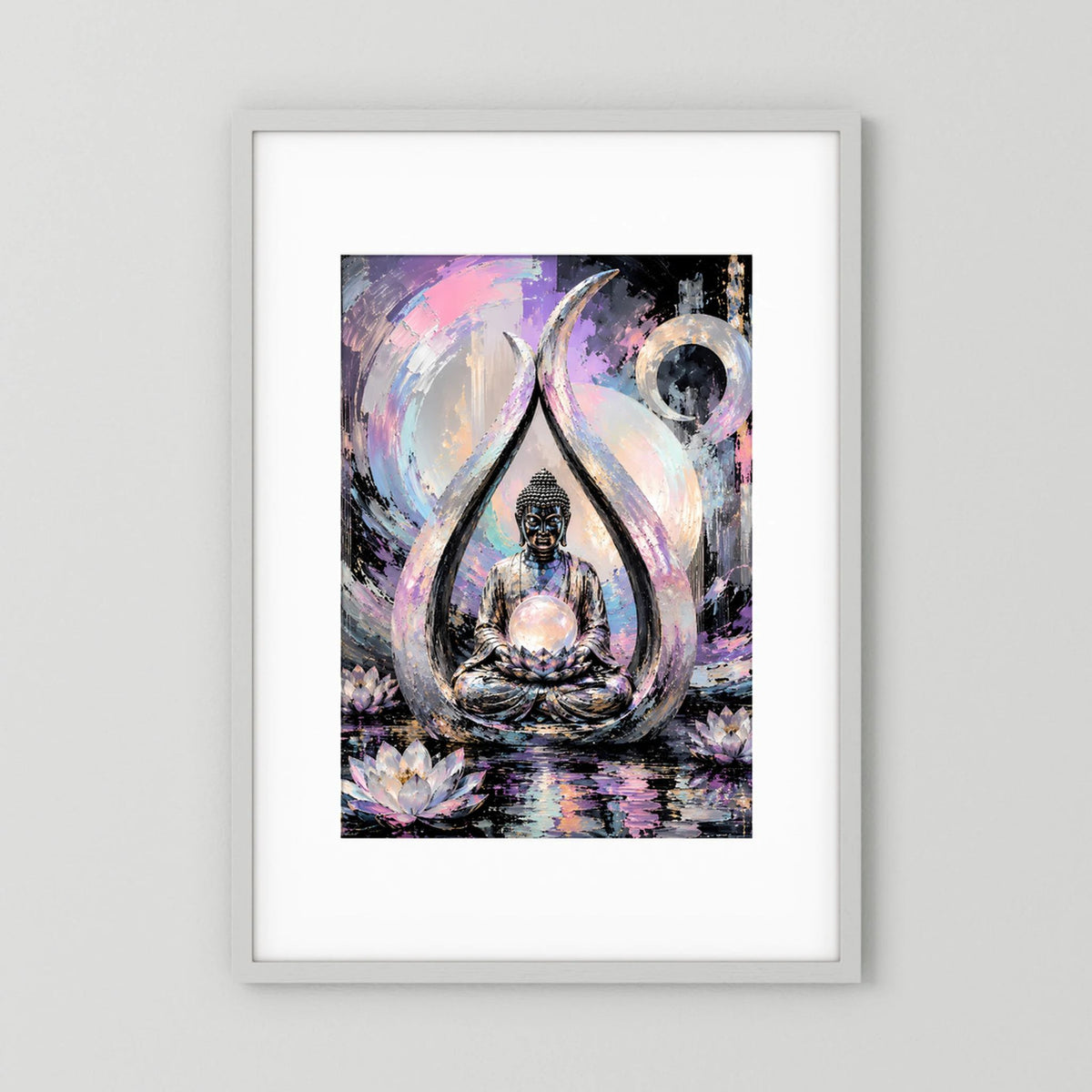 Hochformatiges Kunstposter mit Buddha im Lotossitz im Kreis, Pastellfarben, schwarzer Akzent