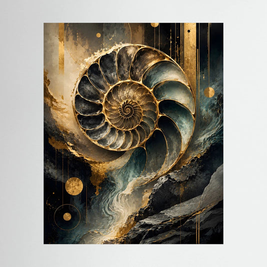 Wandposter mit goldener Ammonit-Spirale, abstrakt in Schwarz und Petrol