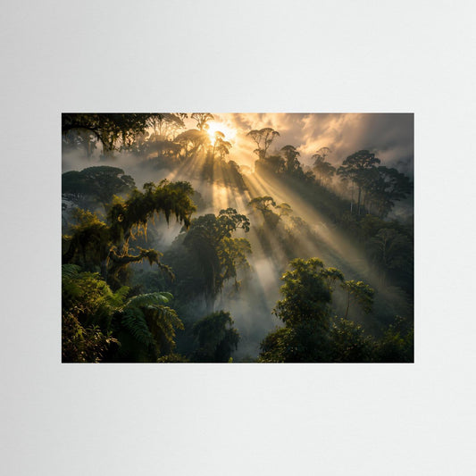 Wandposter mit tropischem Regenwald und Sonnenstrahlen durch Nebel, ohne sichtbaren Rahmen