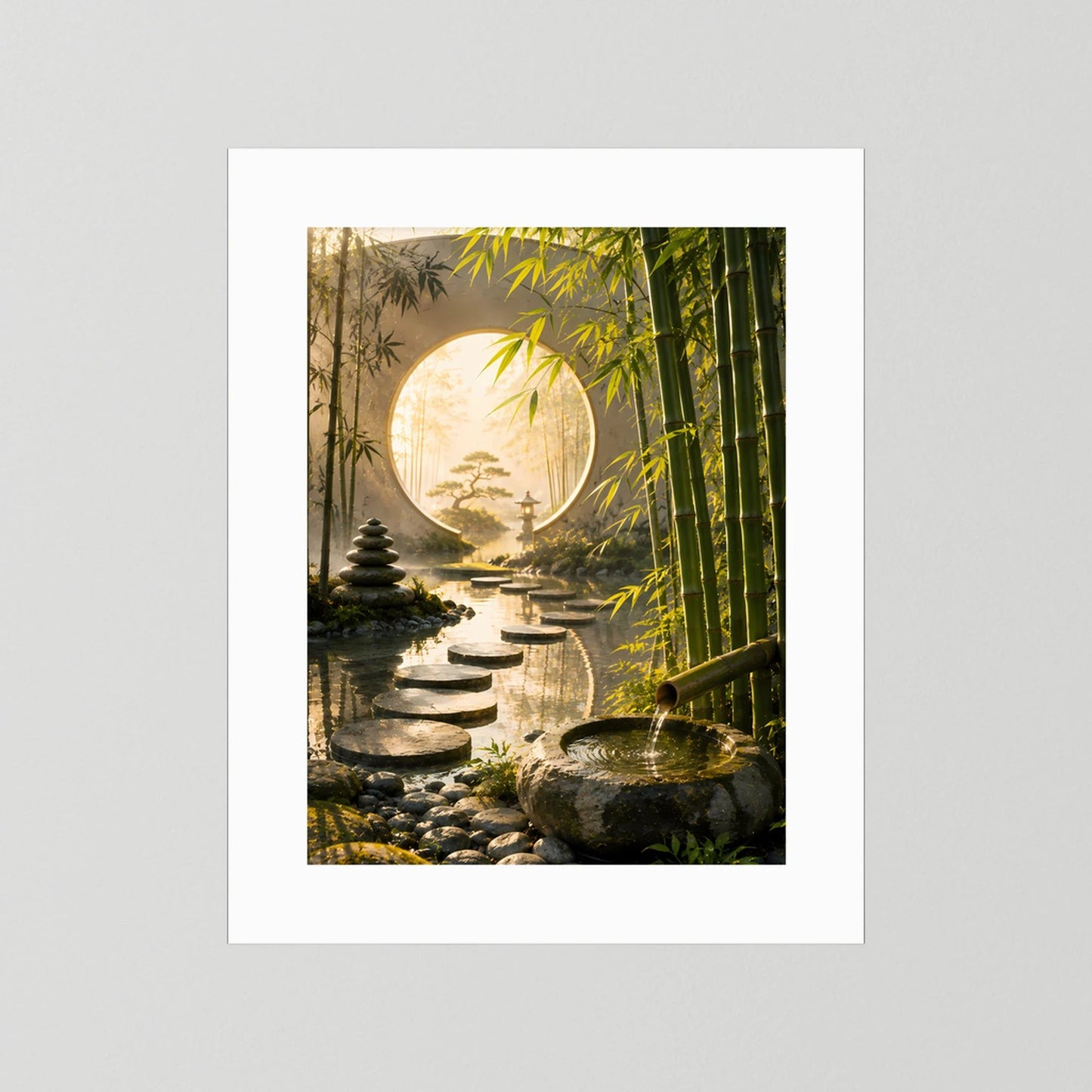 Hochformat-Poster Zen-Garten mit Bambus und Trittsteinen, rundes Mondtor, weißer Rand