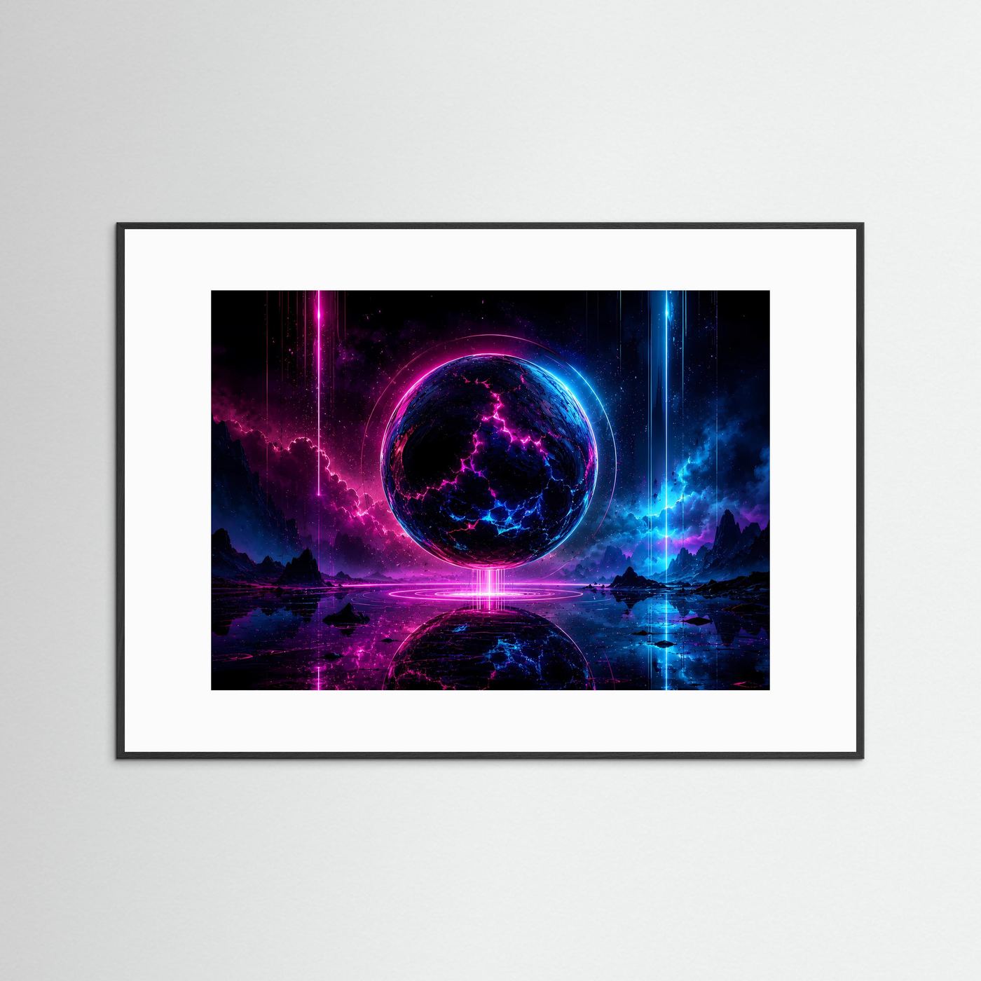 Neon Sphäre Poster Querformat | Futuristische Kosmische Wandkunst in Pink & Blau | Sci-Fi Wandbild Modern