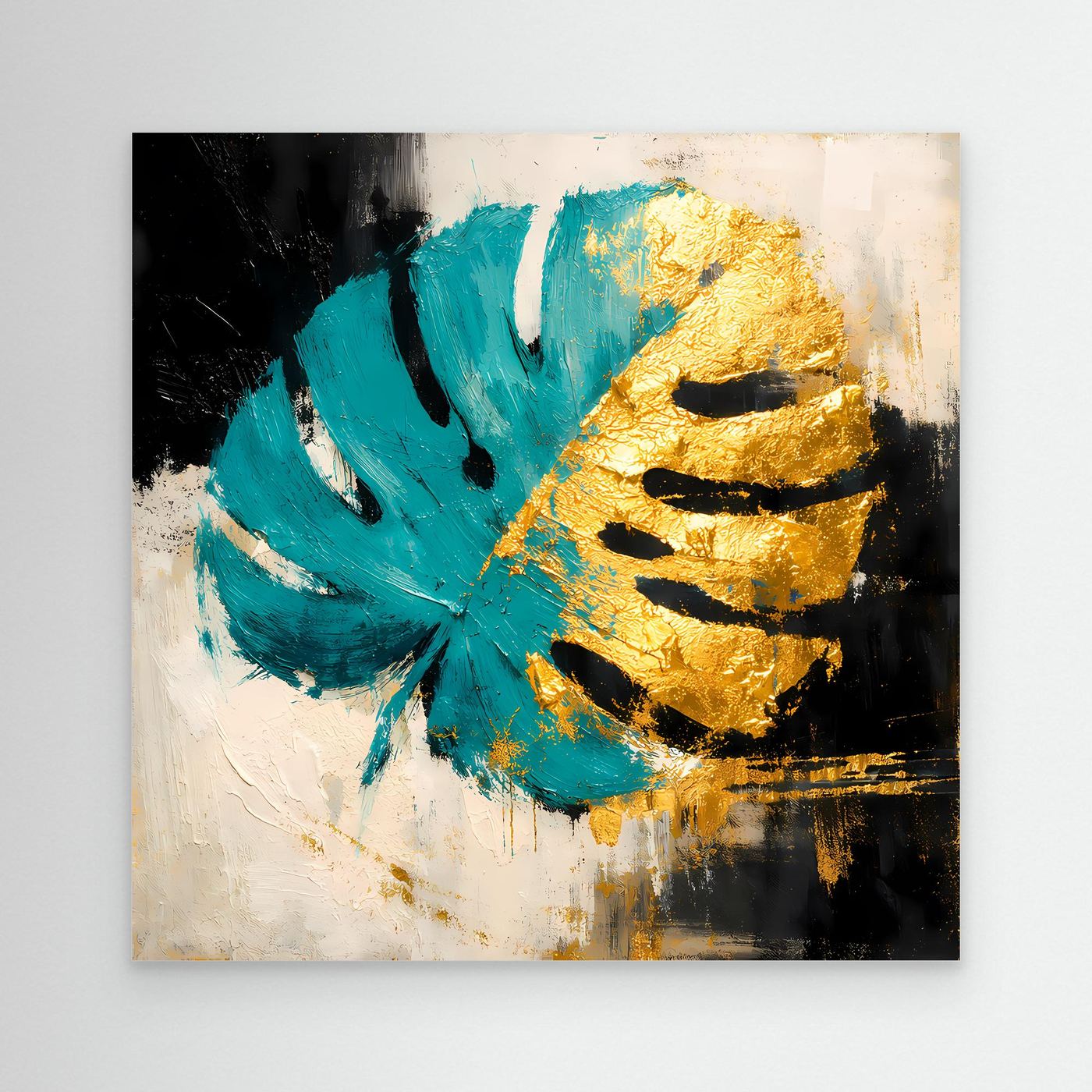 Leinwand Abstraktes Monstera Gemälde in Türkis und Gold | Modernes Botanik Wandbild