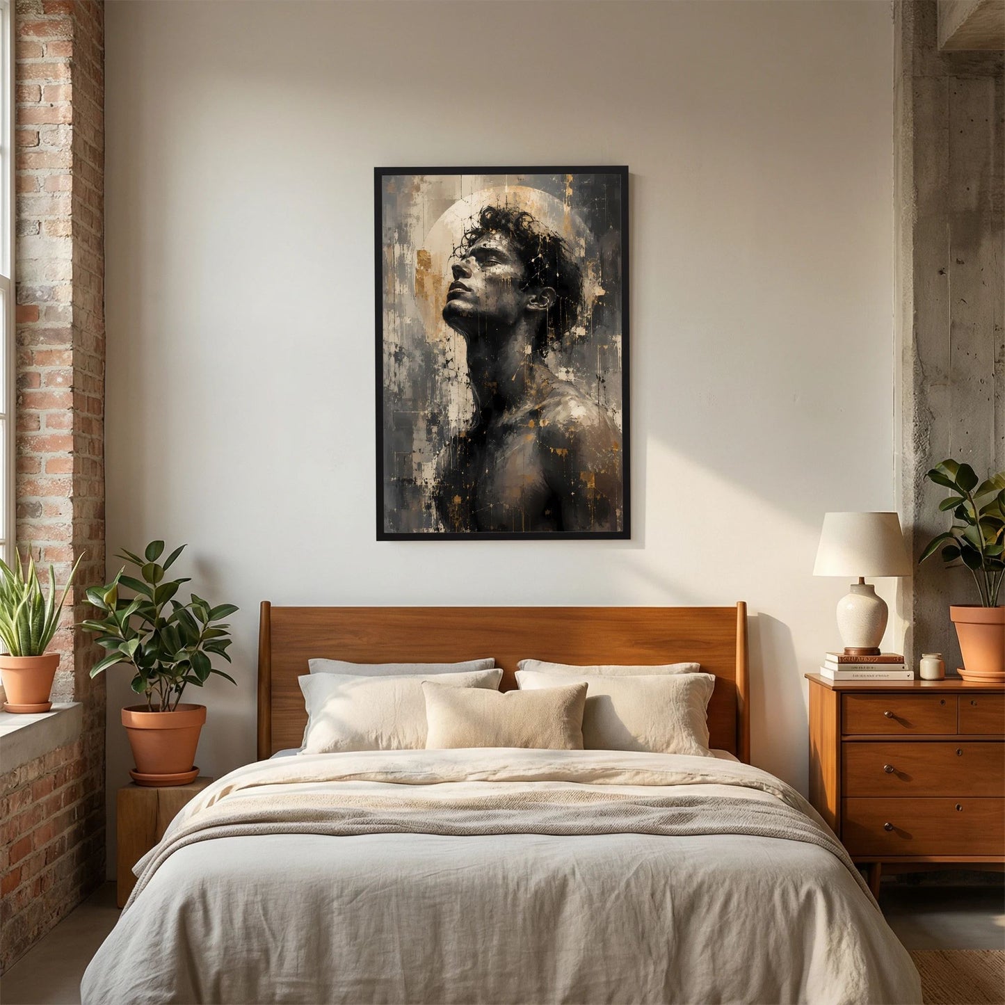 Wandbild-Poster mit abstraktem Frauenporträt, Schwarz-Gold-Beige, im schwarzen Rahmen