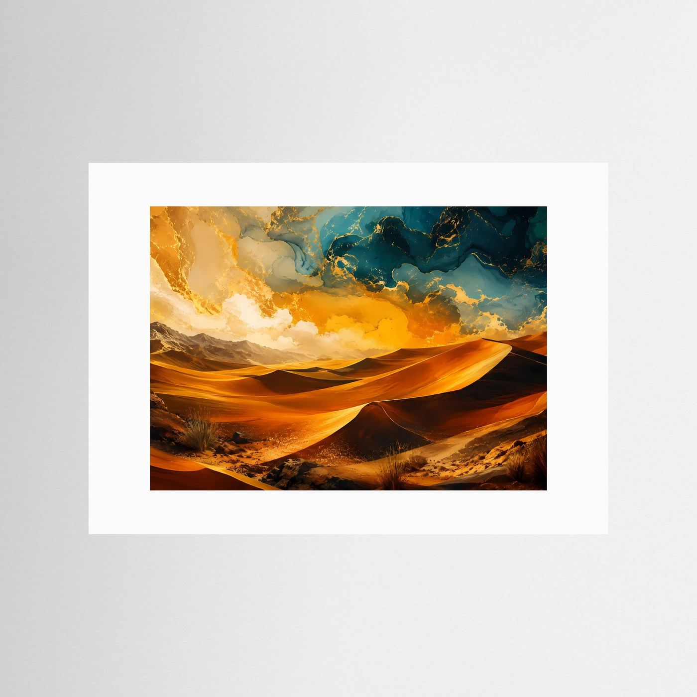Wüstenlandschaft Poster | Abstrakte Wüste Wandbild | Gold Blau Landschaftskunst | Moderne Desert Wall Art