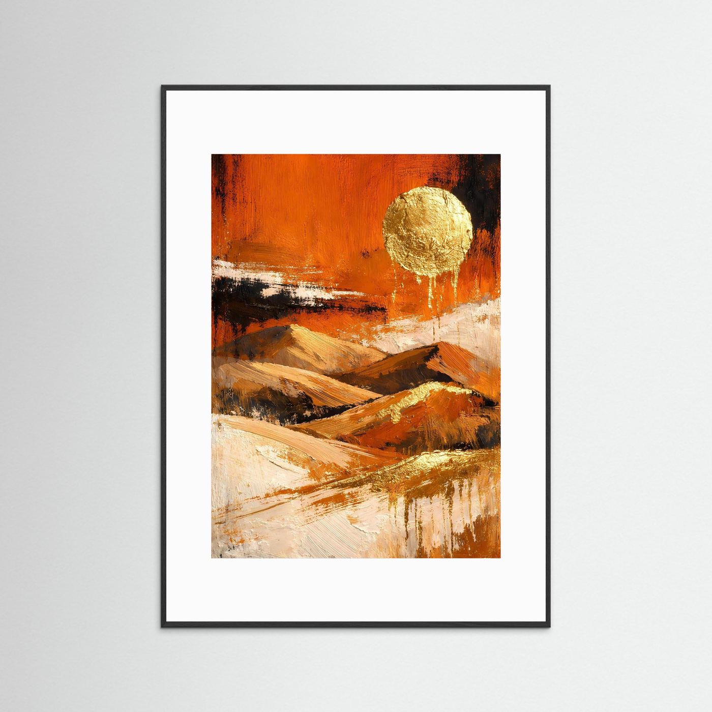 Abstraktes Wüsten-Landschafts-Poster mit goldener Sonne, terrakotta Bergen im schwarzen Rahmen