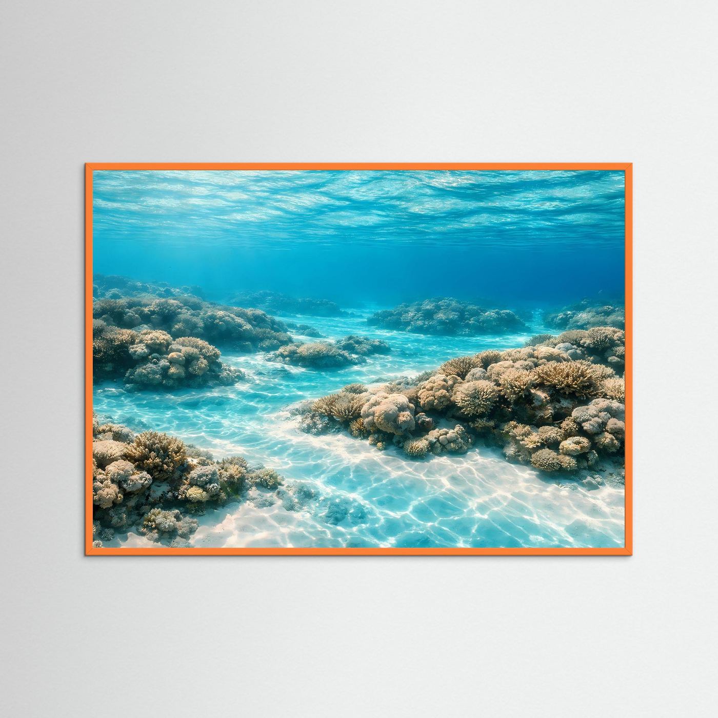 Wandbild mit Unterwasser-Korallenriff im orangefarbenen Rahmen