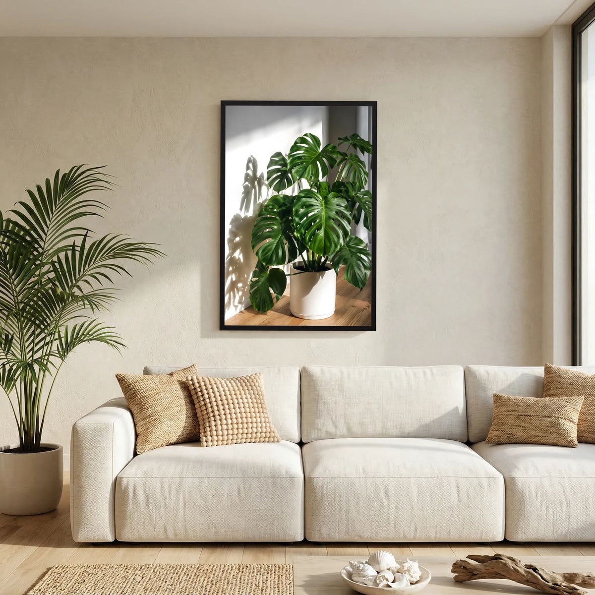 Monstera-Poster mit schwarzem Rahmen an der Wand, grüne Blätter im weißen Topf