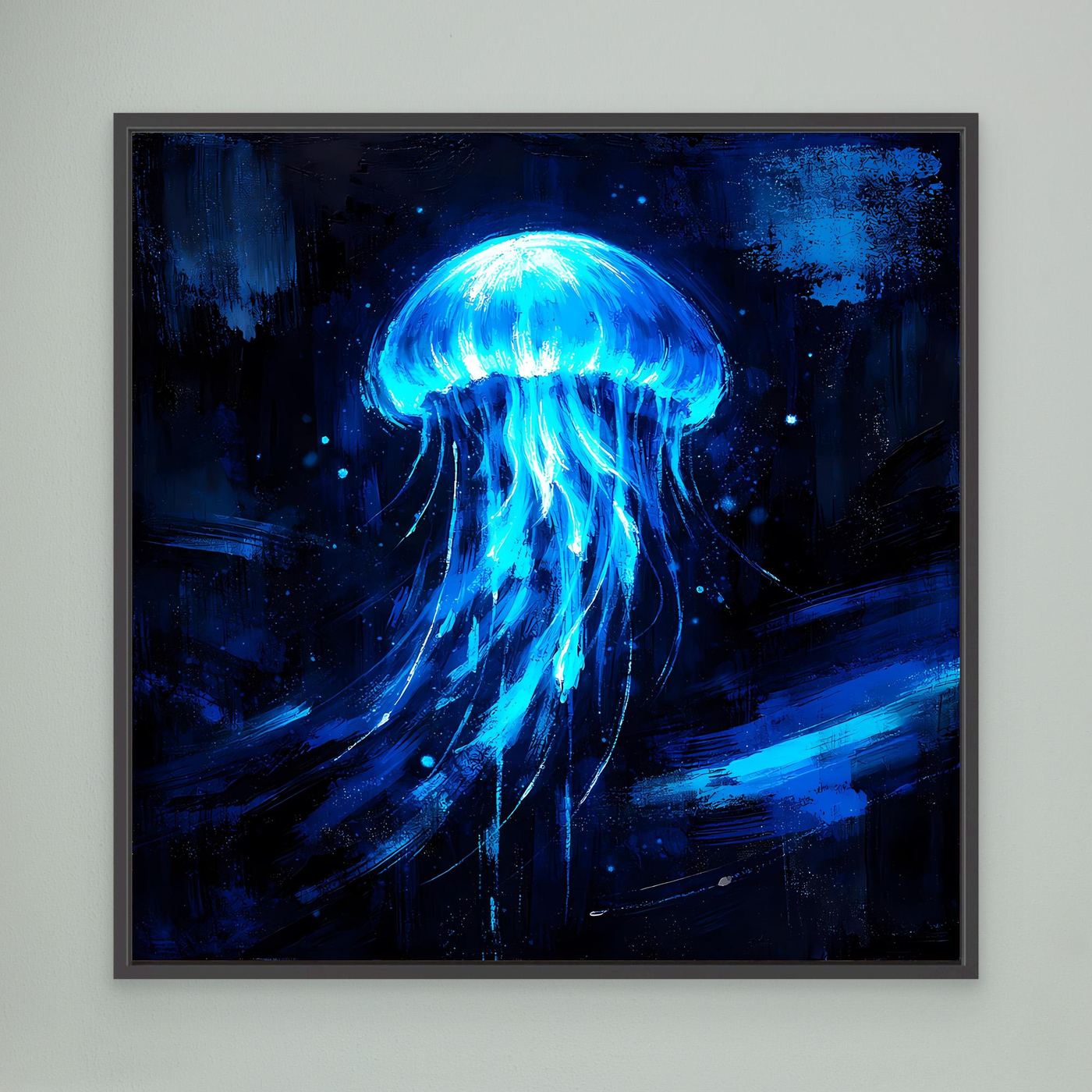 Leinwand Leuchtende Qualle im Tiefsee-Ozean | Abstraktes Biolumineszenz Wandbild