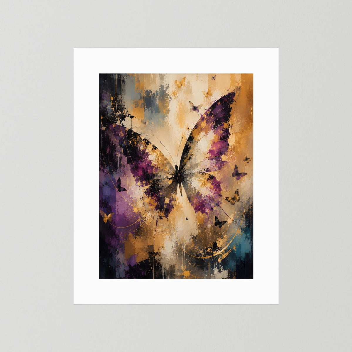 Hochformat-Kunstposter ohne Rahmen, abstrakte Schmetterlinge in Violett, Creme & Gold
