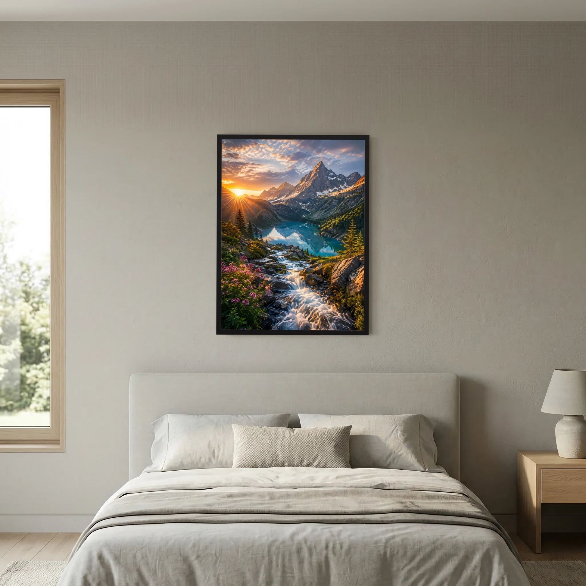 Gerahmtes Wandposter mit Gebirgslandschaft, Wasserlauf und Sonnenaufgangshimmel
