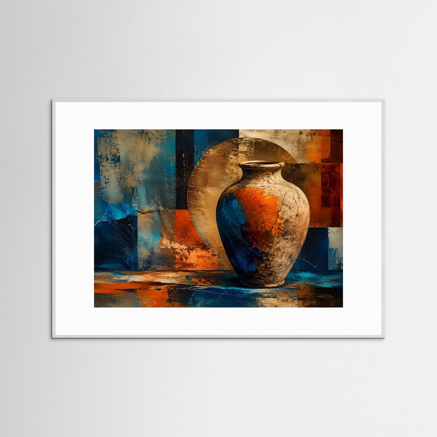 Abstrakte Keramik Vase Poster | Moderne Stillleben Wandkunst | Geometrische Fine Art | Boho Minimalismus | Terrakotta Blau Gold | Premium Wandbild