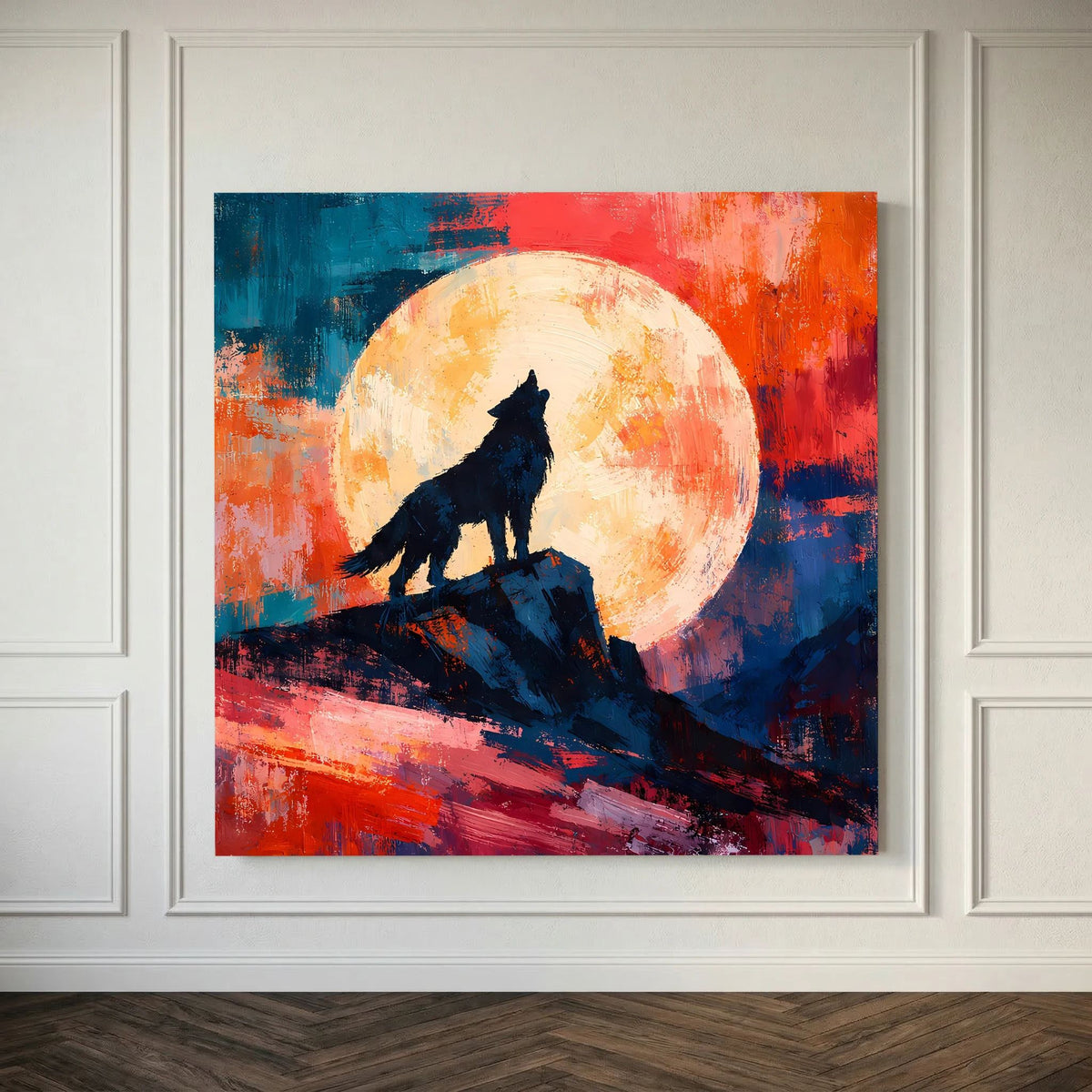 Leinwand Abstraktes Wolf Gemälde | Modernes Mystisches Wandbild Heulender Wolf Vollmond
