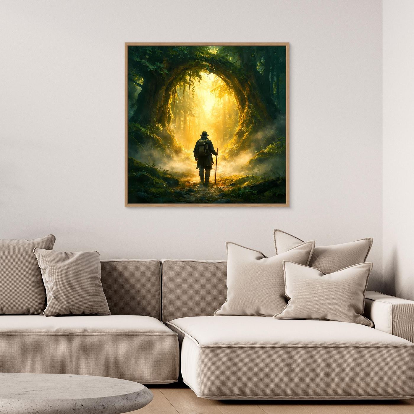 Leinwand Mystischer Wanderer am Waldportal | Abstraktes Natur Zauberwald Wandbild
