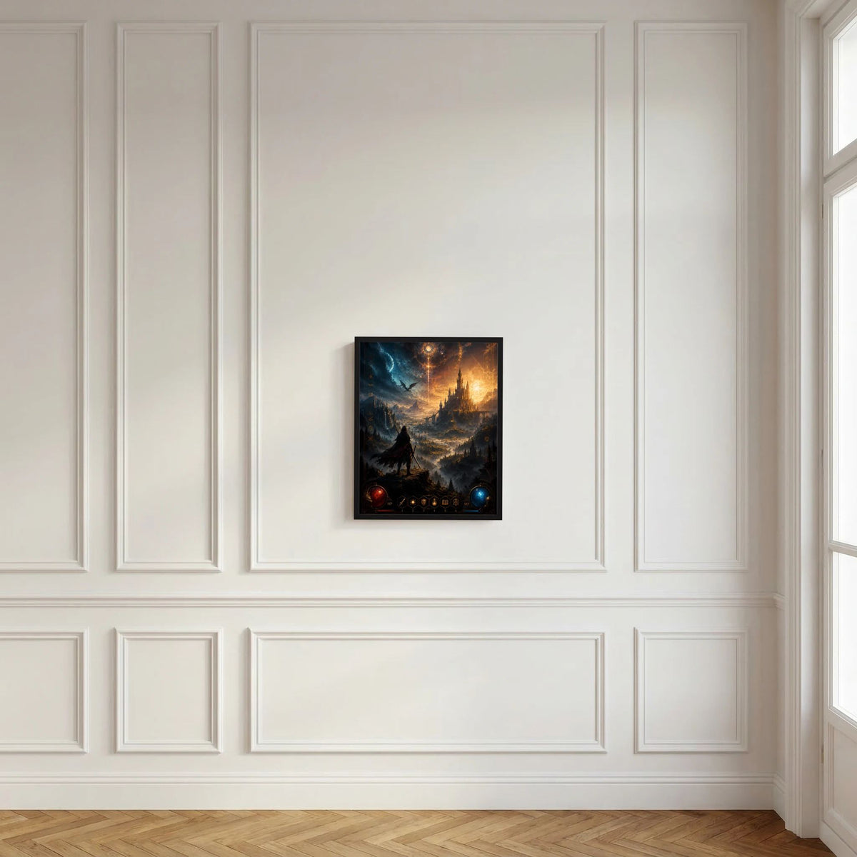 Kunstposter im Hochformat im schwarzen Rahmen mit Fantasy-Königreich, Krieger und Drachenhimmel