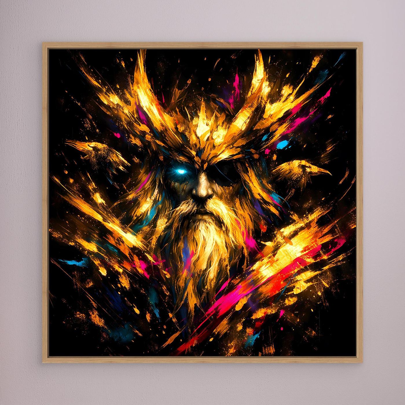 Leinwand Goldener Odin der Allvater mit Raben | Modernes Nordisches Mythologie Wandbild
