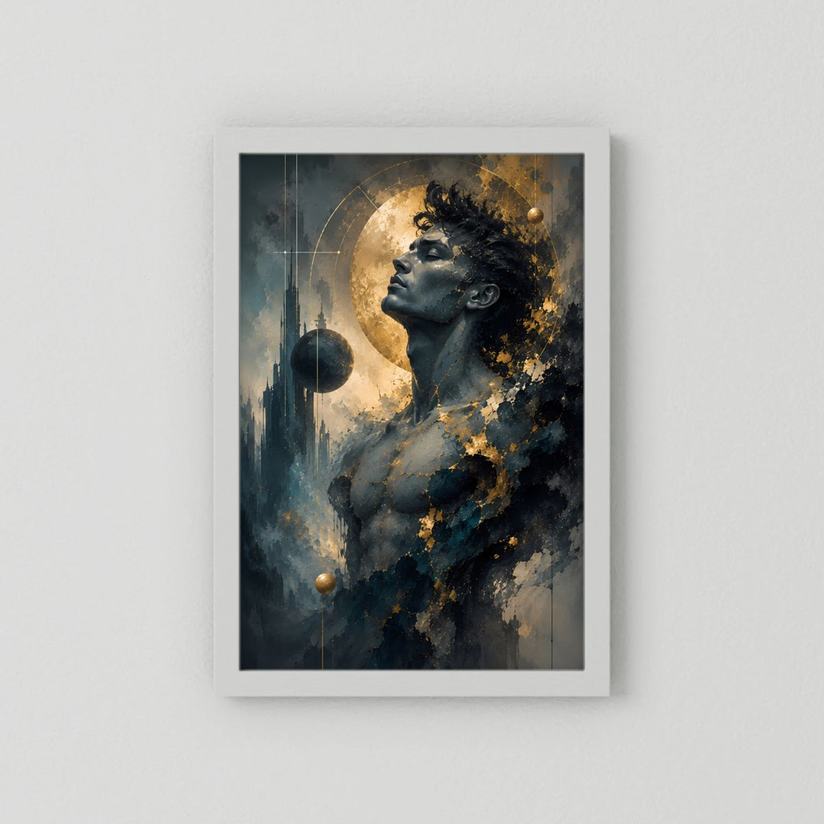 Kosmischer Mann in Gold und Anthrazit | Mystische abstrakte Weltraumkunst | Poster Hochformat