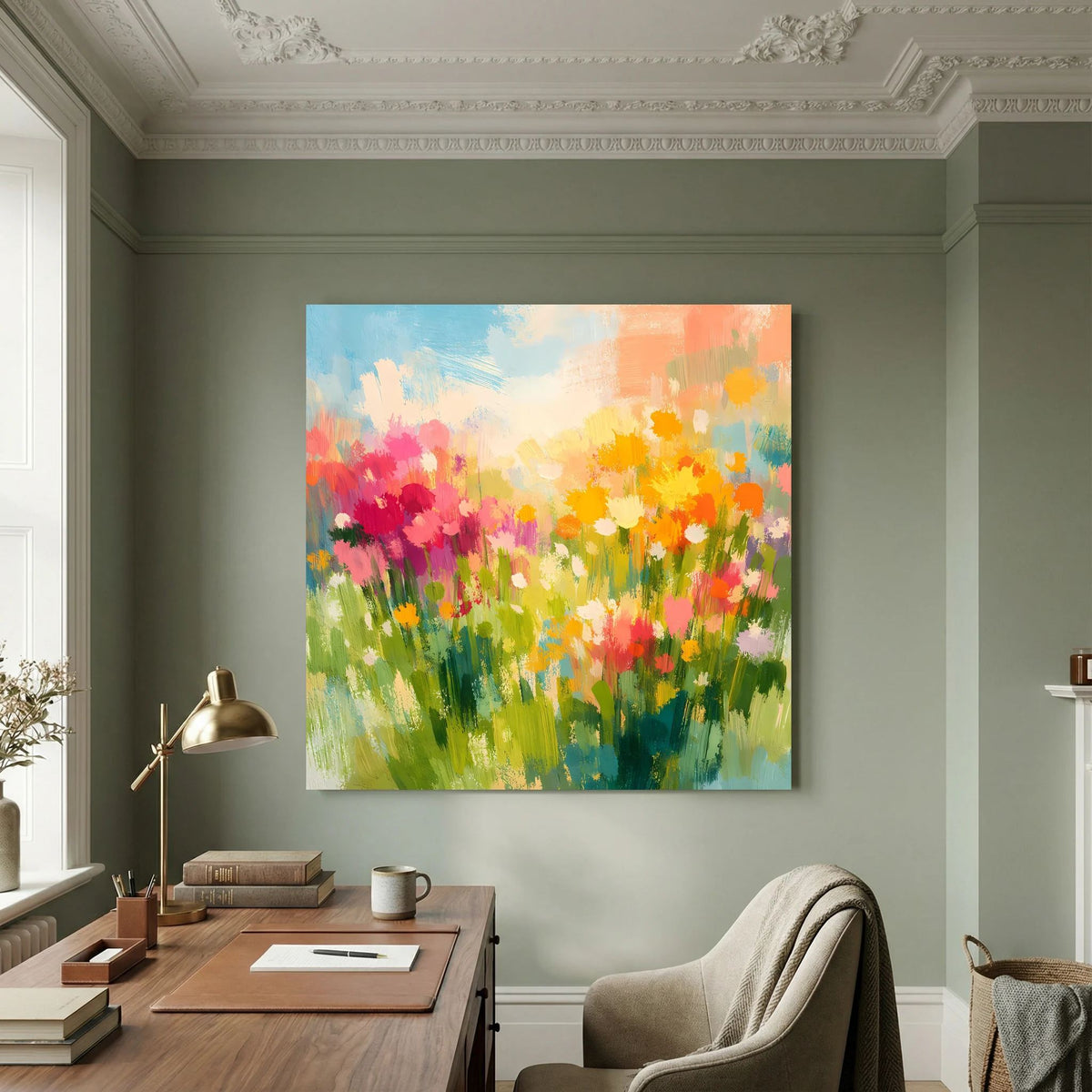 Quadratisches Leinwandbild mit farbenfroher Blumenwiese und Wildblumen