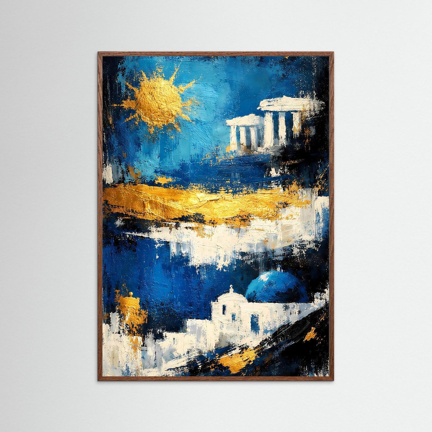 Gerahmtes abstraktes Poster mit blauem Motiv, goldener Sonne und weißen Tempel-Säulen.