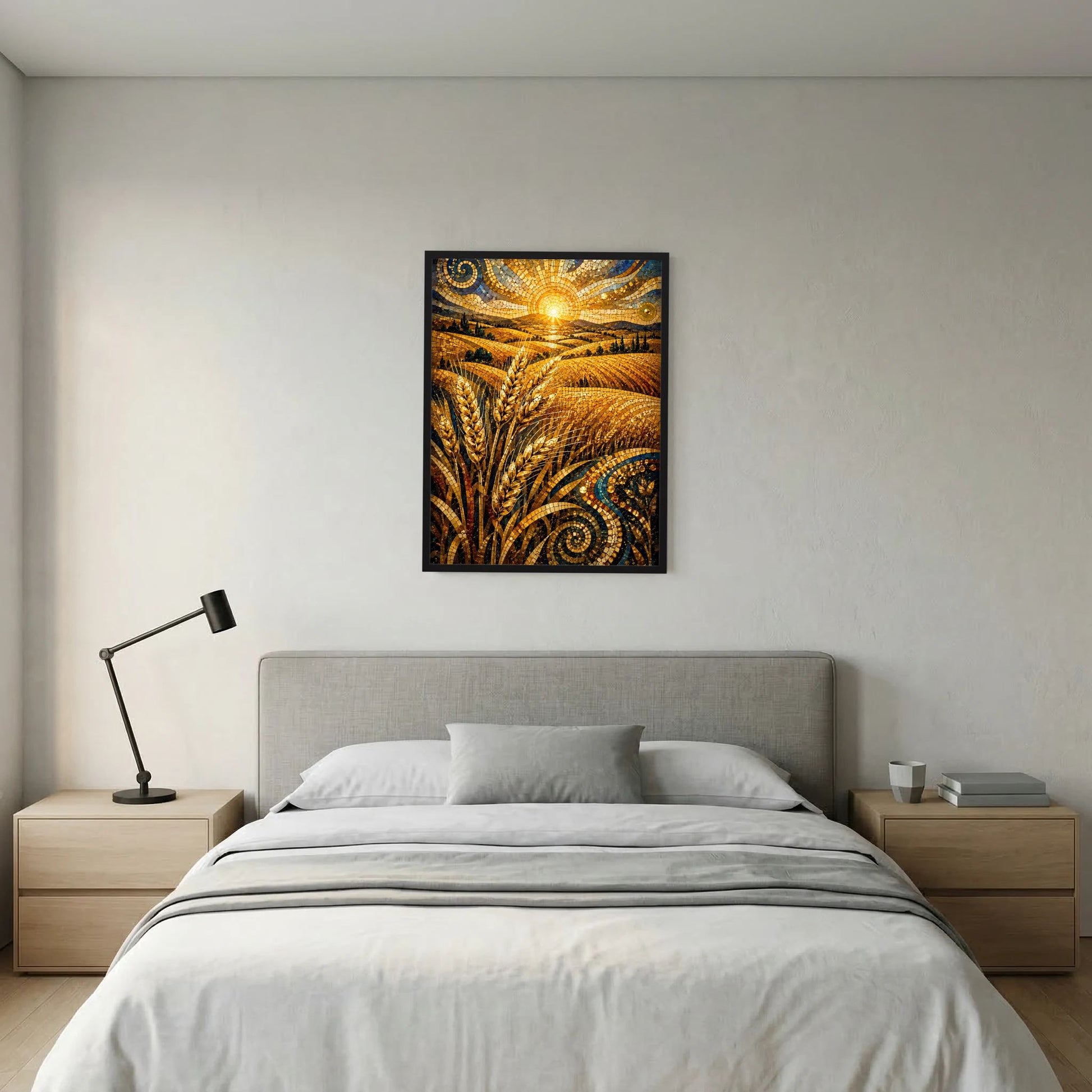 Gerahmtes Wandposter mit goldenen Weizenähren im Mosaik und Sonnenstrahlen