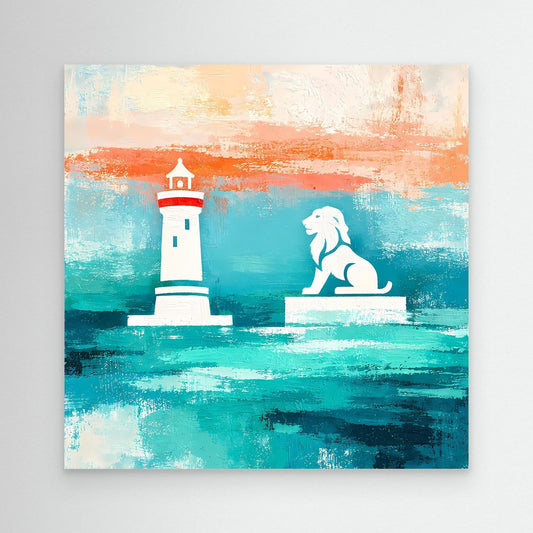 Maritime lighthouse and lion canvas wall art with teal and orange tones; no frame