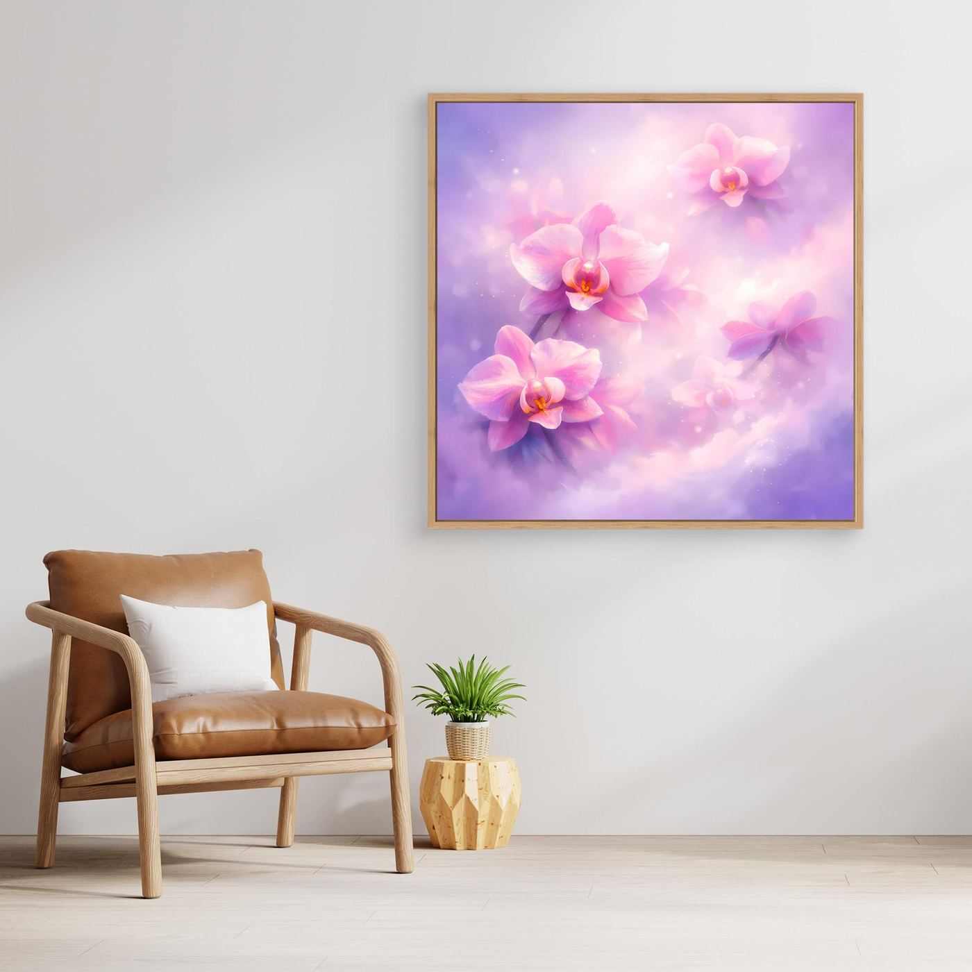 Leinwandbild mit pastellfarbenen Orchideen, lila-pinkes Motiv, mit goldfarbenem Rahmen.