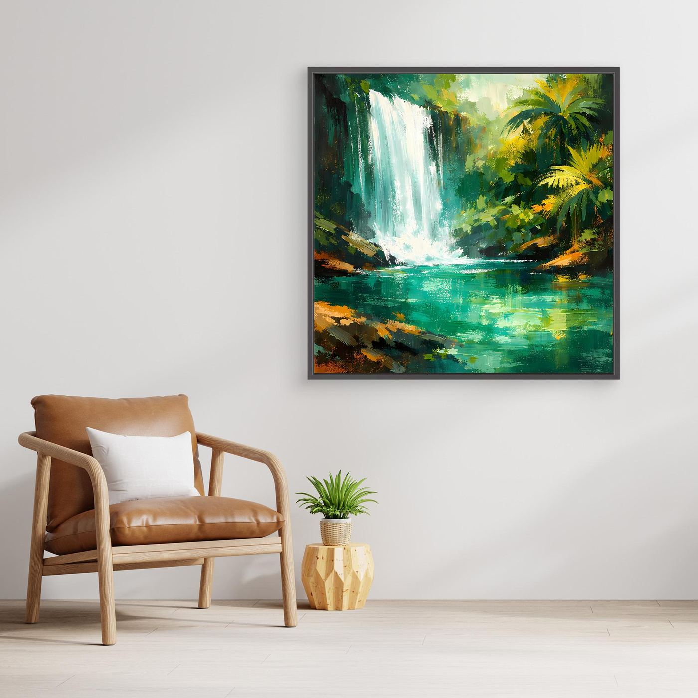 Leinwand Abstraktes Dschungel Wandbild mit Wasserfall | Modernes Natur Kunstwerk Grün