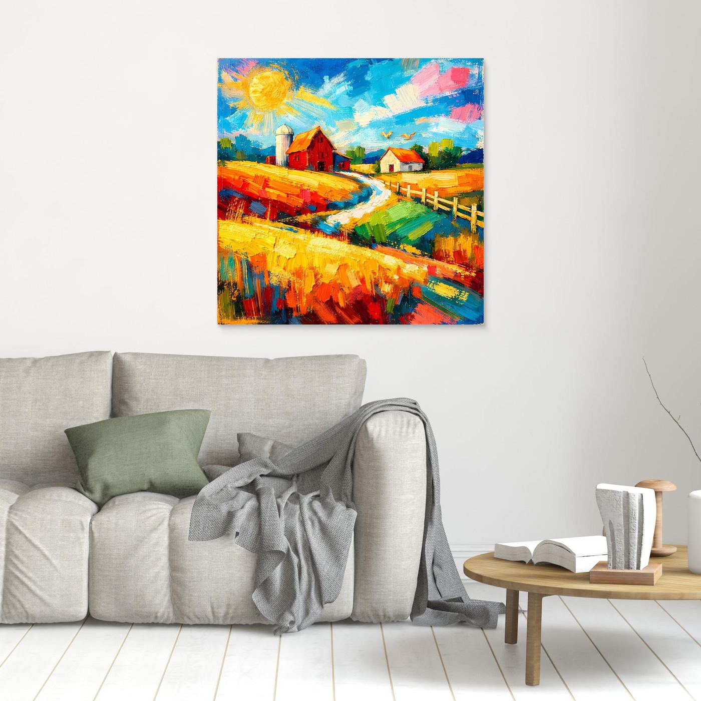 Leinwandbild mit roter Scheune und Feldweg, bunt gemalt, hellbraun gerahmt