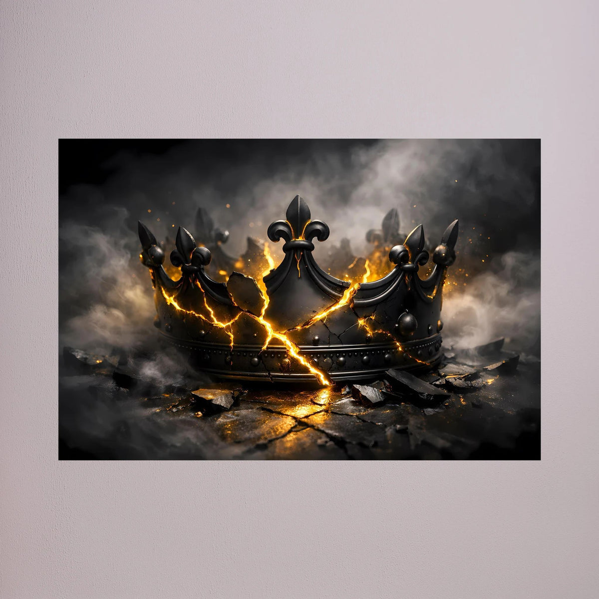 Querformat-Poster mit schwarzer, zerbrochener Krone und goldenen Flammen-Lichtern