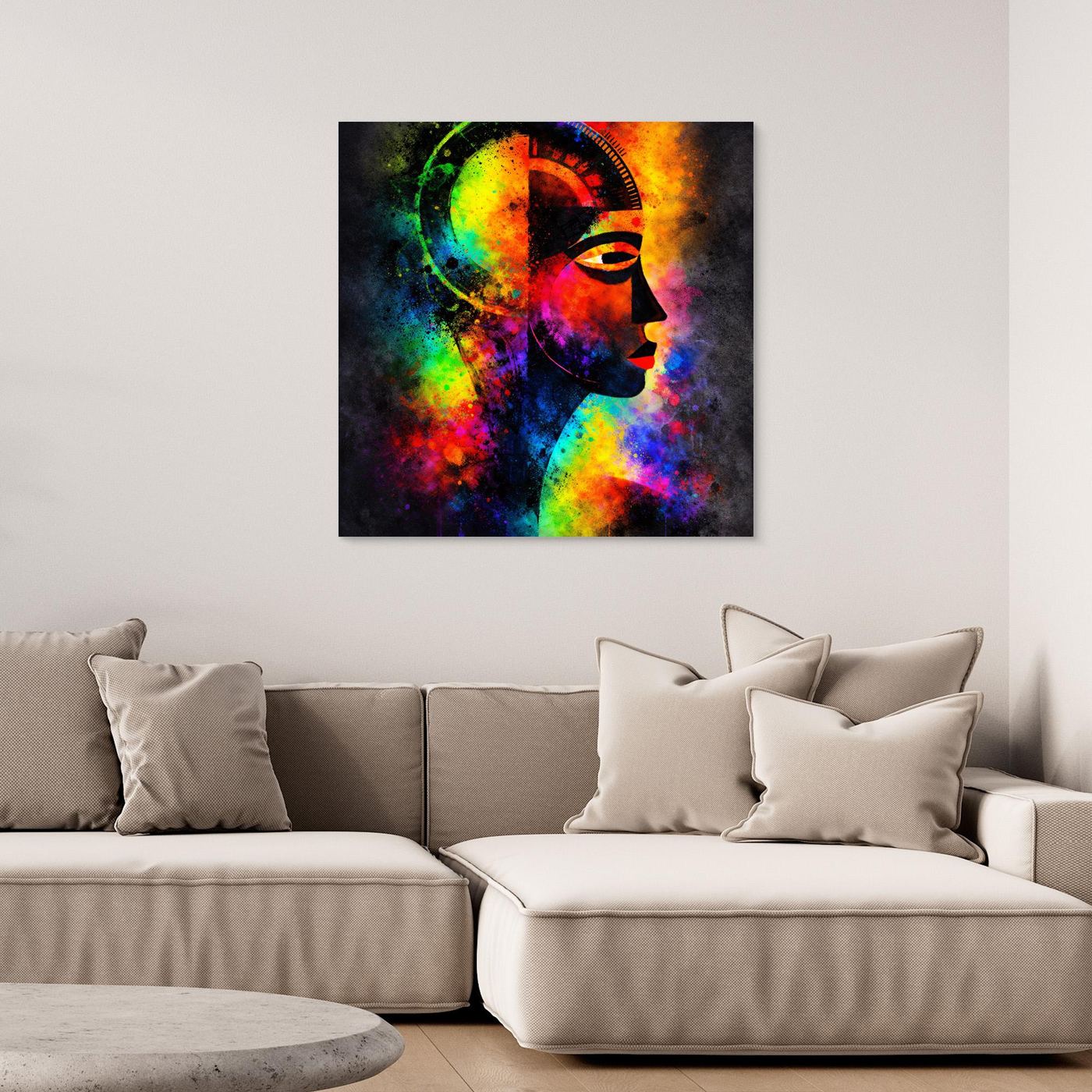 Gerahmtes Leinwandbild mit abstraktem Frauenprofil in Regenbogenfarben auf dunklem Grund