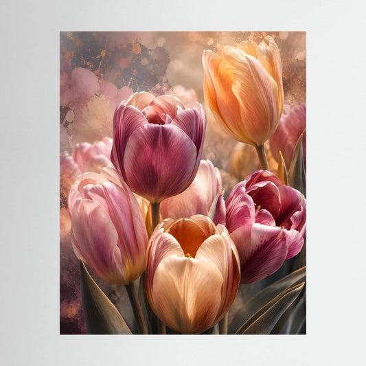 Blumenposter mit Tulpen in Rosa, Apricot und Orange, Hochformat.