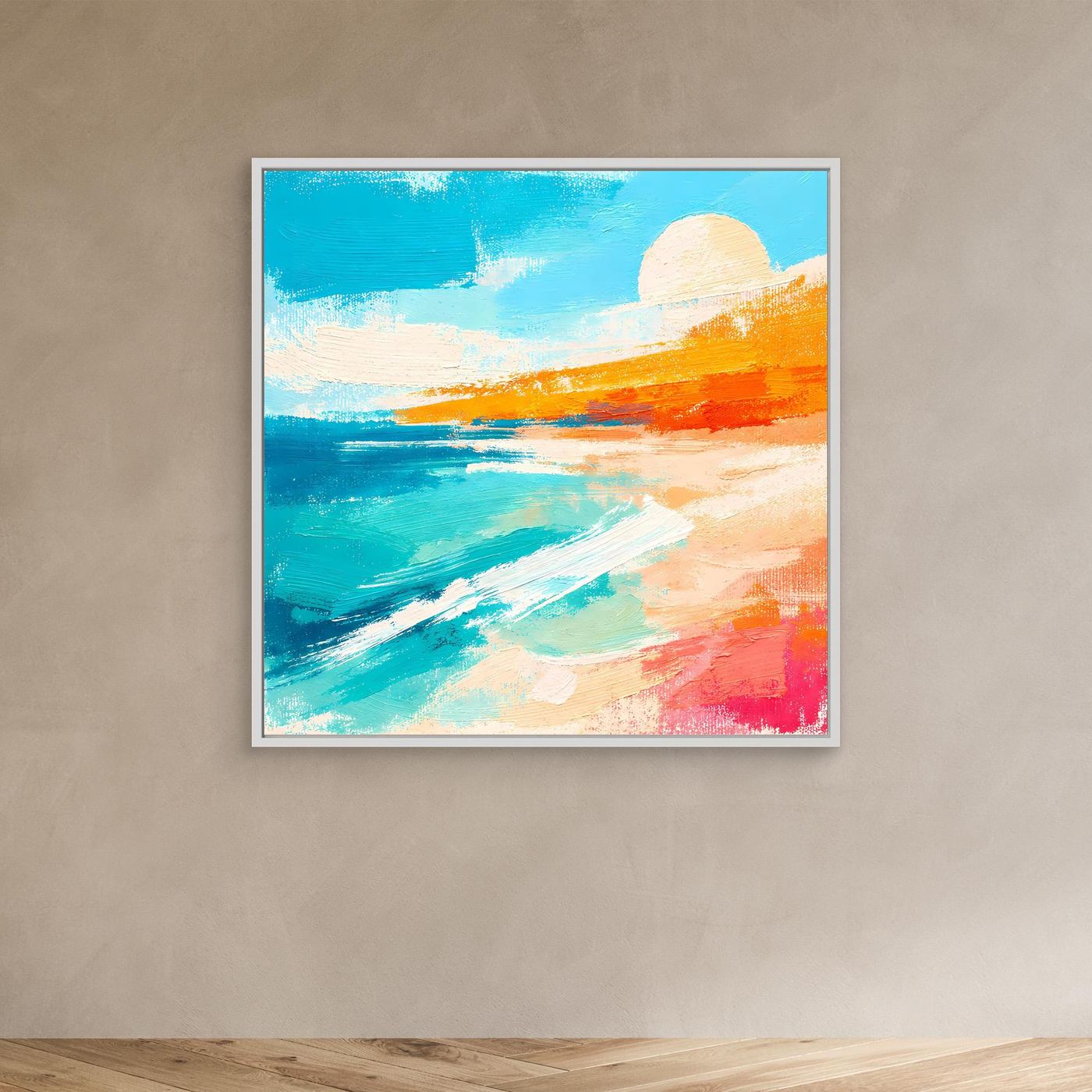 Abstract coastal canvas wall art with blue ocean, sandy beach, and orange sunset in white frame.