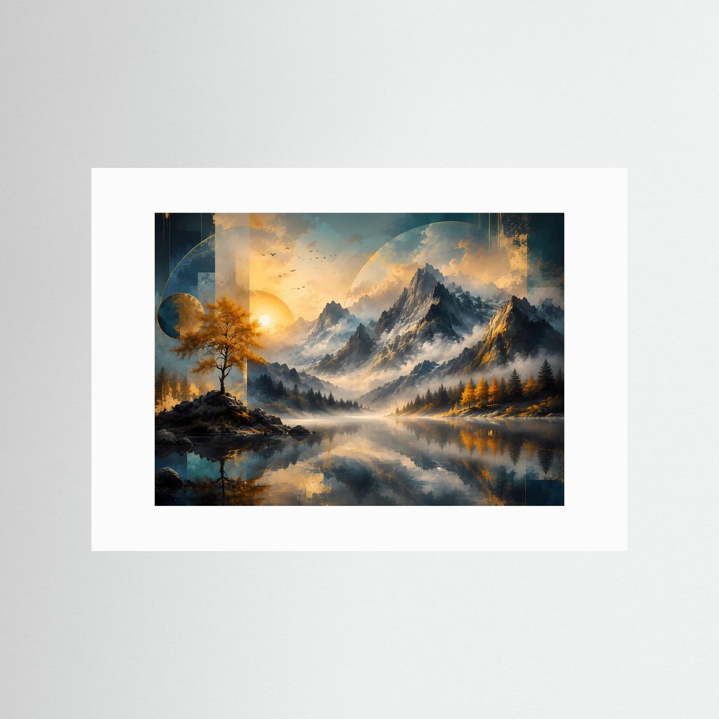 Querformat-Poster mit Bergsee und Herbstbaum, weißes Passepartout ohne Rahmen.