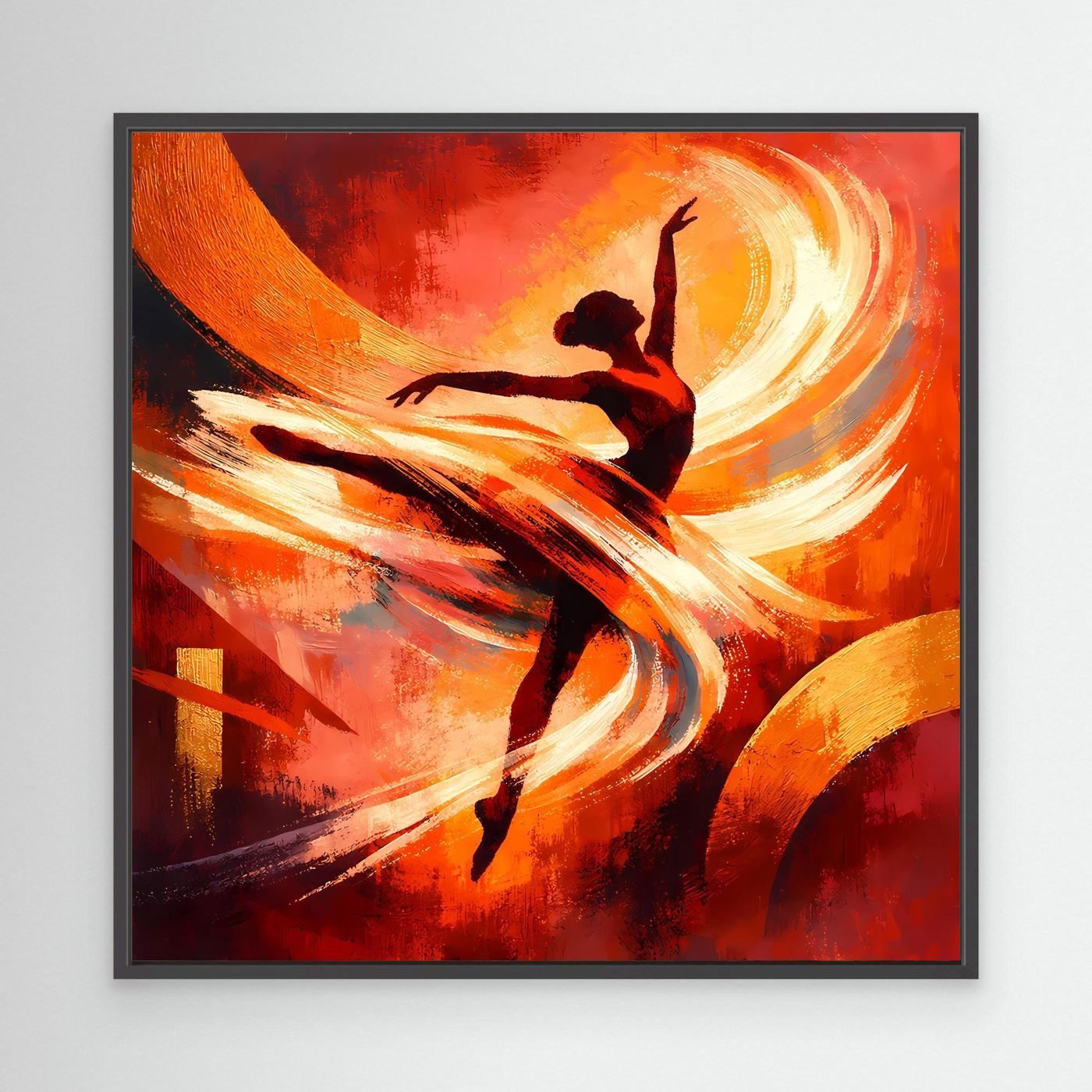 Abstraktes Leinwandbild mit schwarzem Rahmen: Ballerina-Silhouette im Tanz