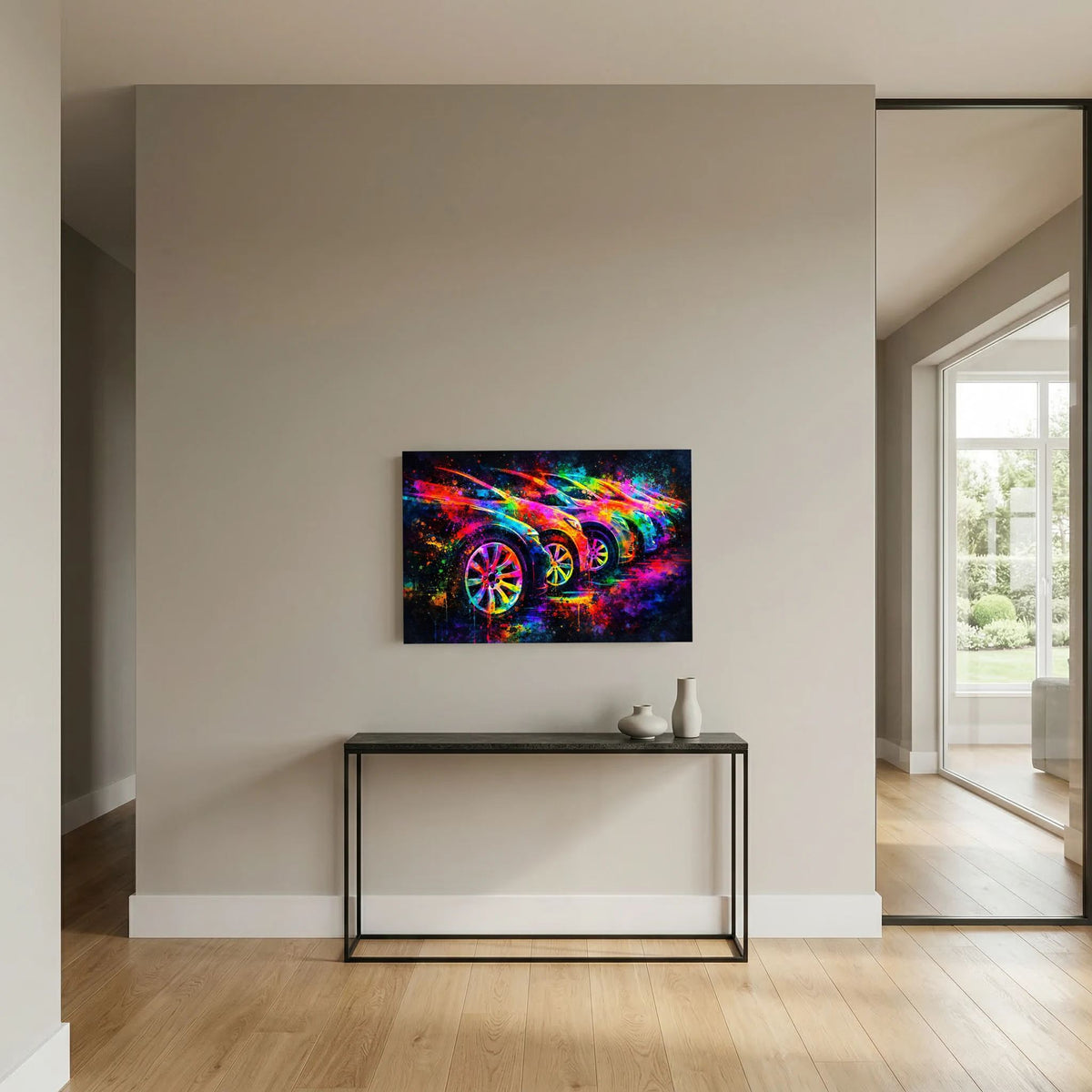 Wandbild mit farbiger Sportwagen-Illustration und leuchtenden Felgen